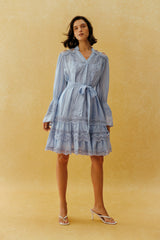 Sweet Afternoon Blue Lace Trim V Neck Tiered Mini Dress