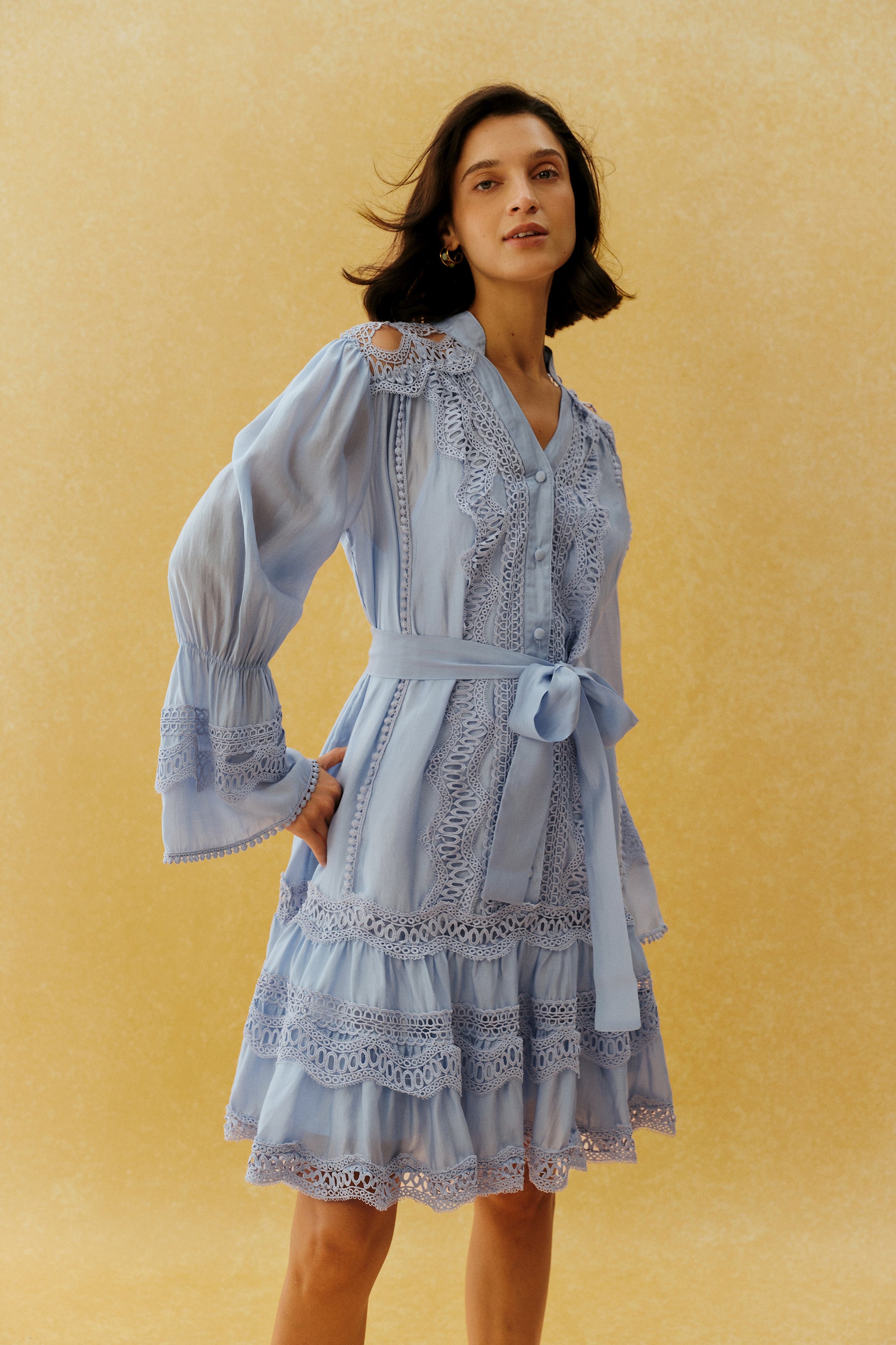 Sweet Afternoon Blue Lace Trim V Neck Tiered Mini Dress