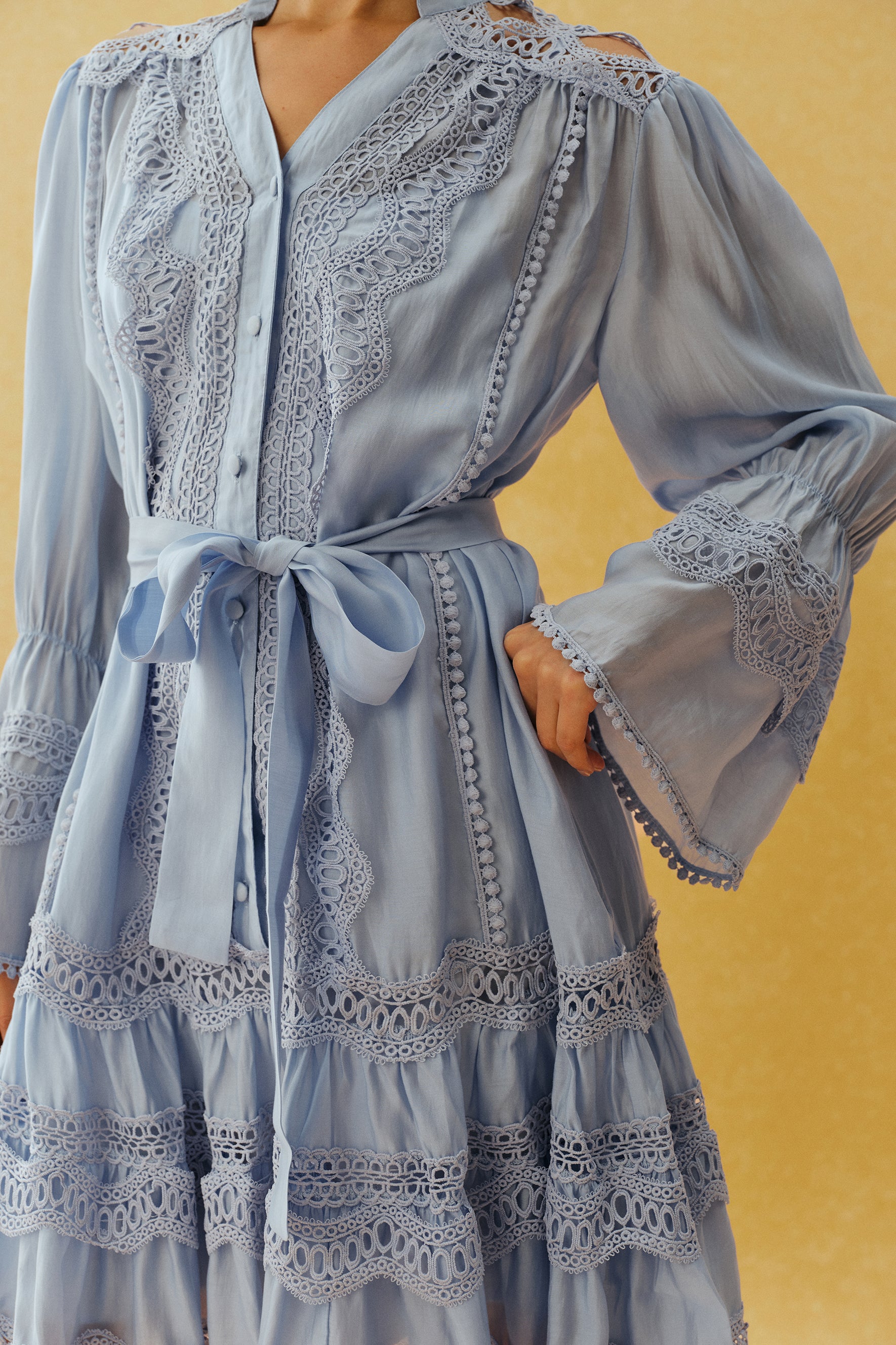 Sweet Afternoon Blue Lace Trim V Neck Tiered Mini Dress