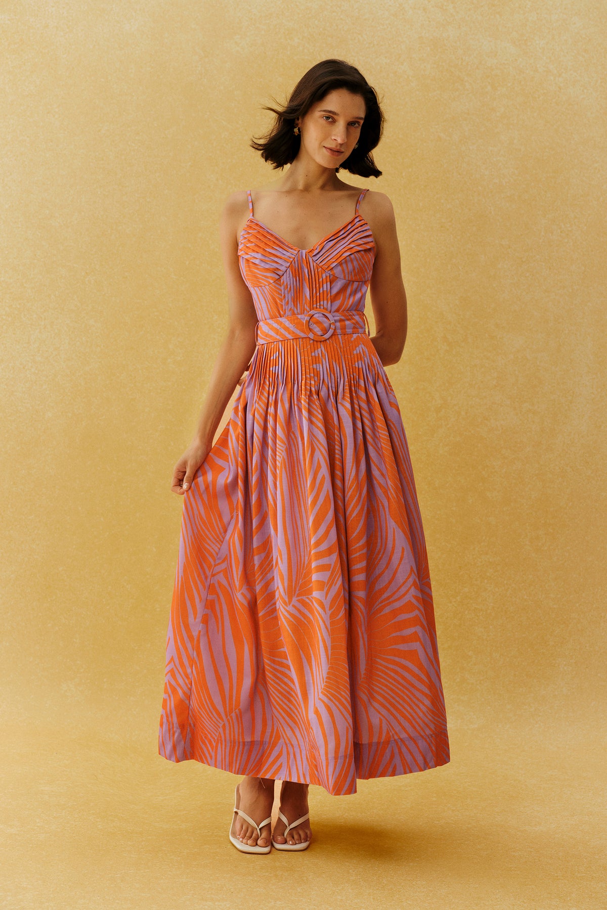 Chasing Sunshine Multi Leaf Print Pleated Maxi Dress