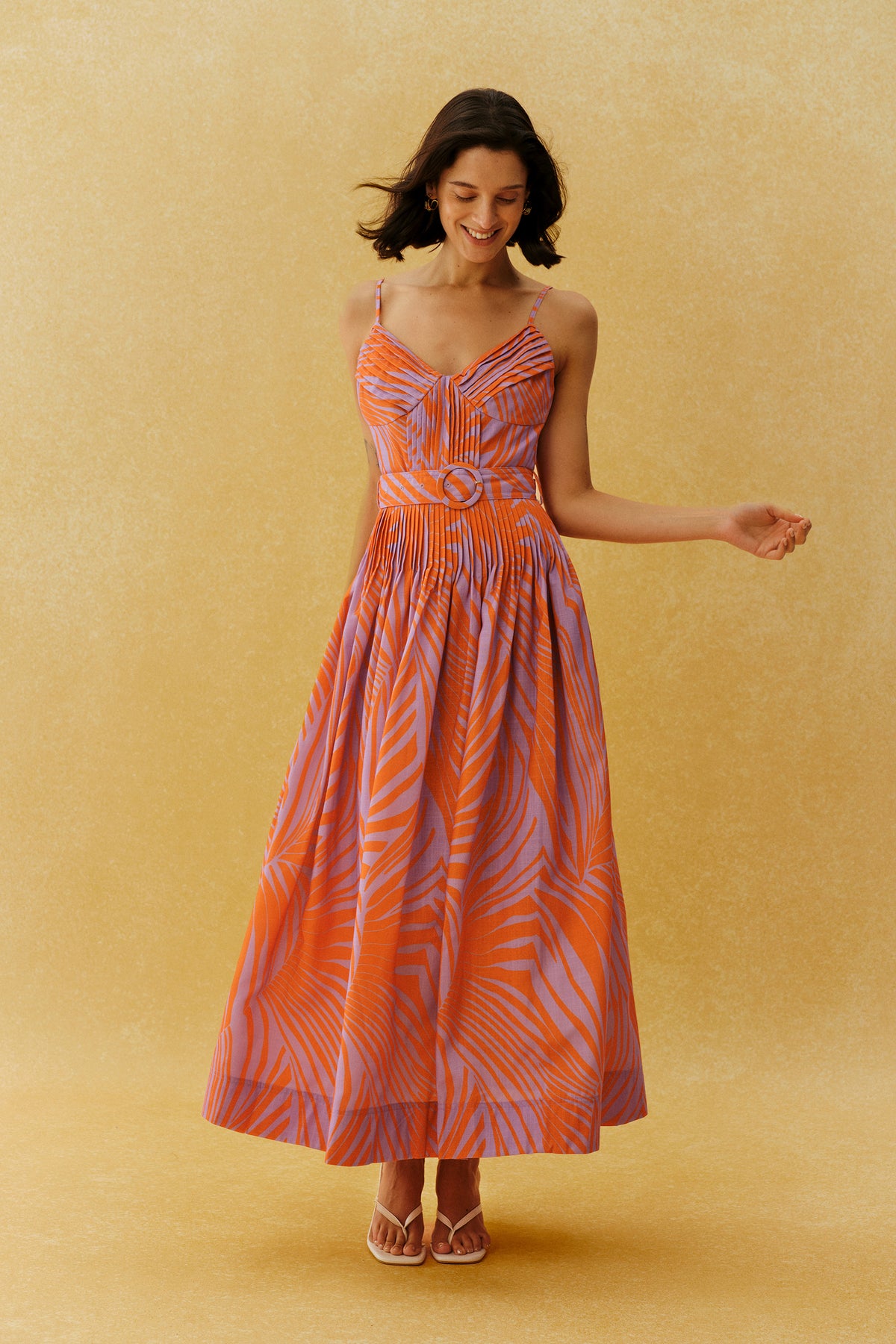 Chasing Sunshine Multi Leaf Print Pleated Maxi Dress