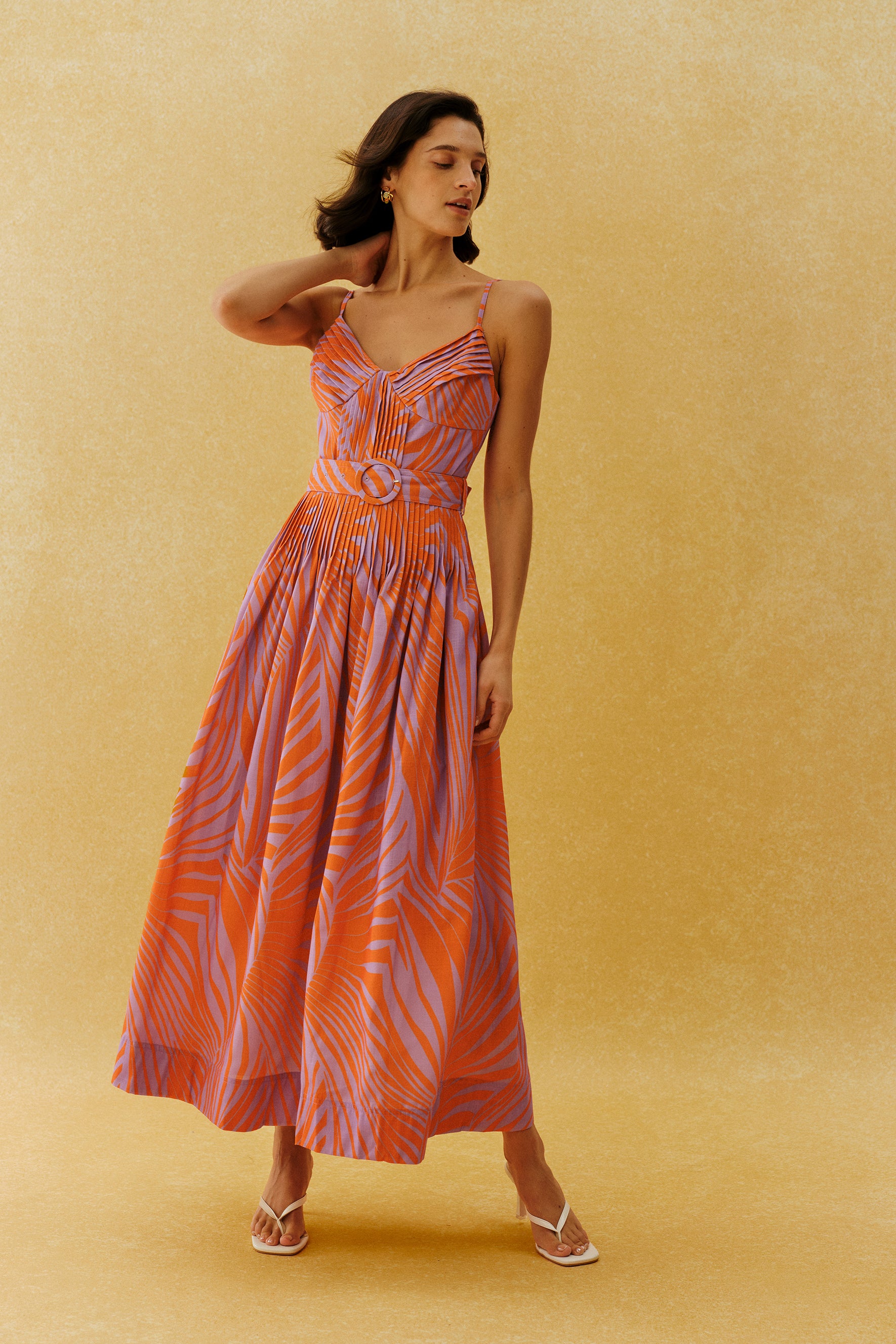 Chasing Sunshine Multi Leaf Print Pleated Maxi Dress