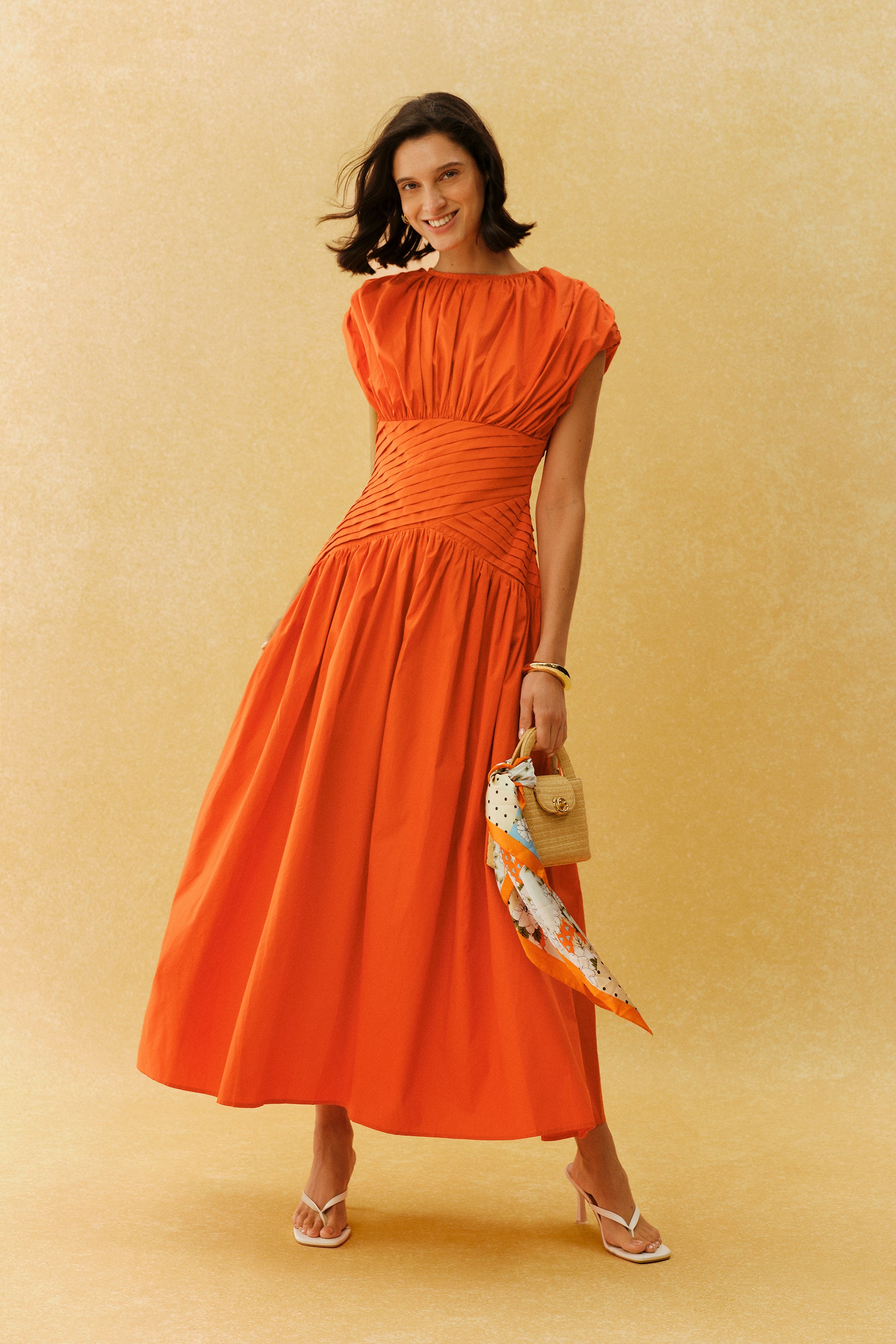 The Best Part Orange Ruched Cap Sleeve Maxi Dress