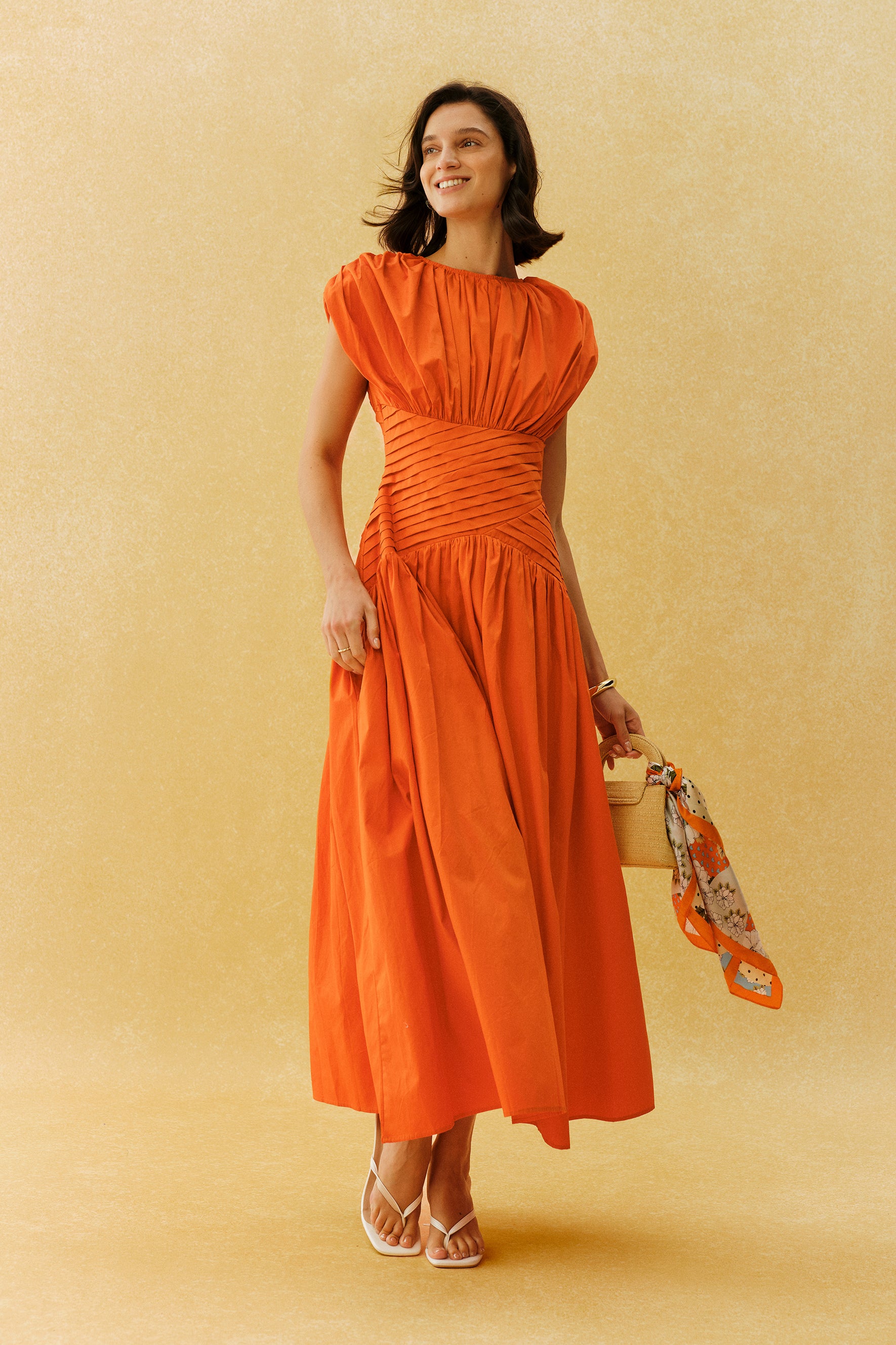 The Best Part Orange Ruched Cap Sleeve Maxi Dress