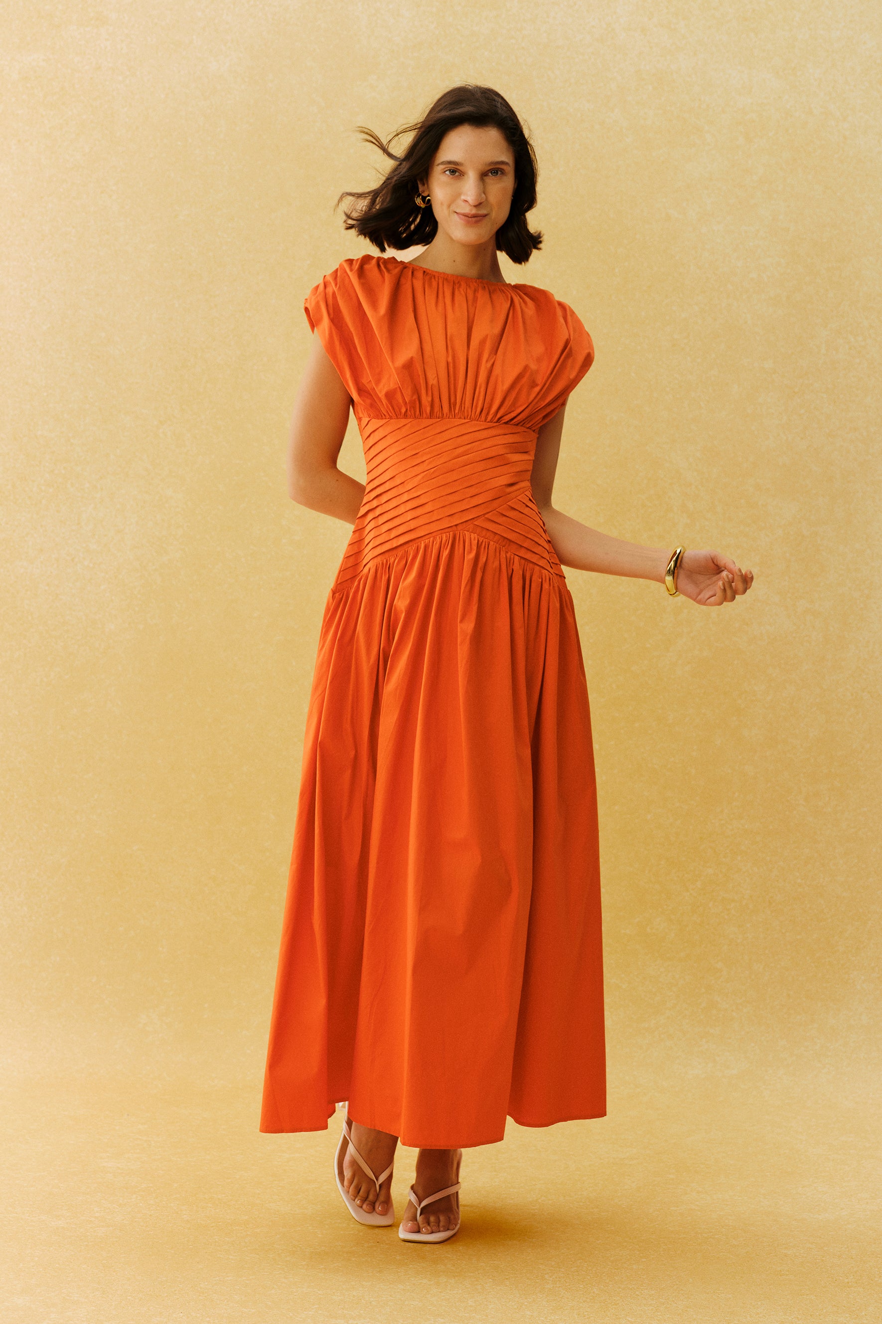 The Best Part Orange Ruched Cap Sleeve Maxi Dress