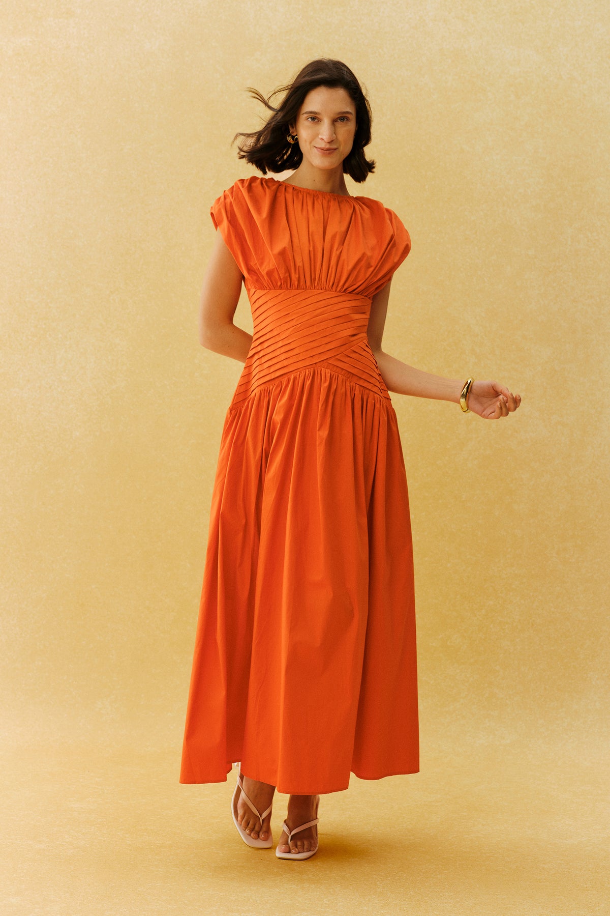 The Best Part Orange Ruched Cap Sleeve Maxi Dress