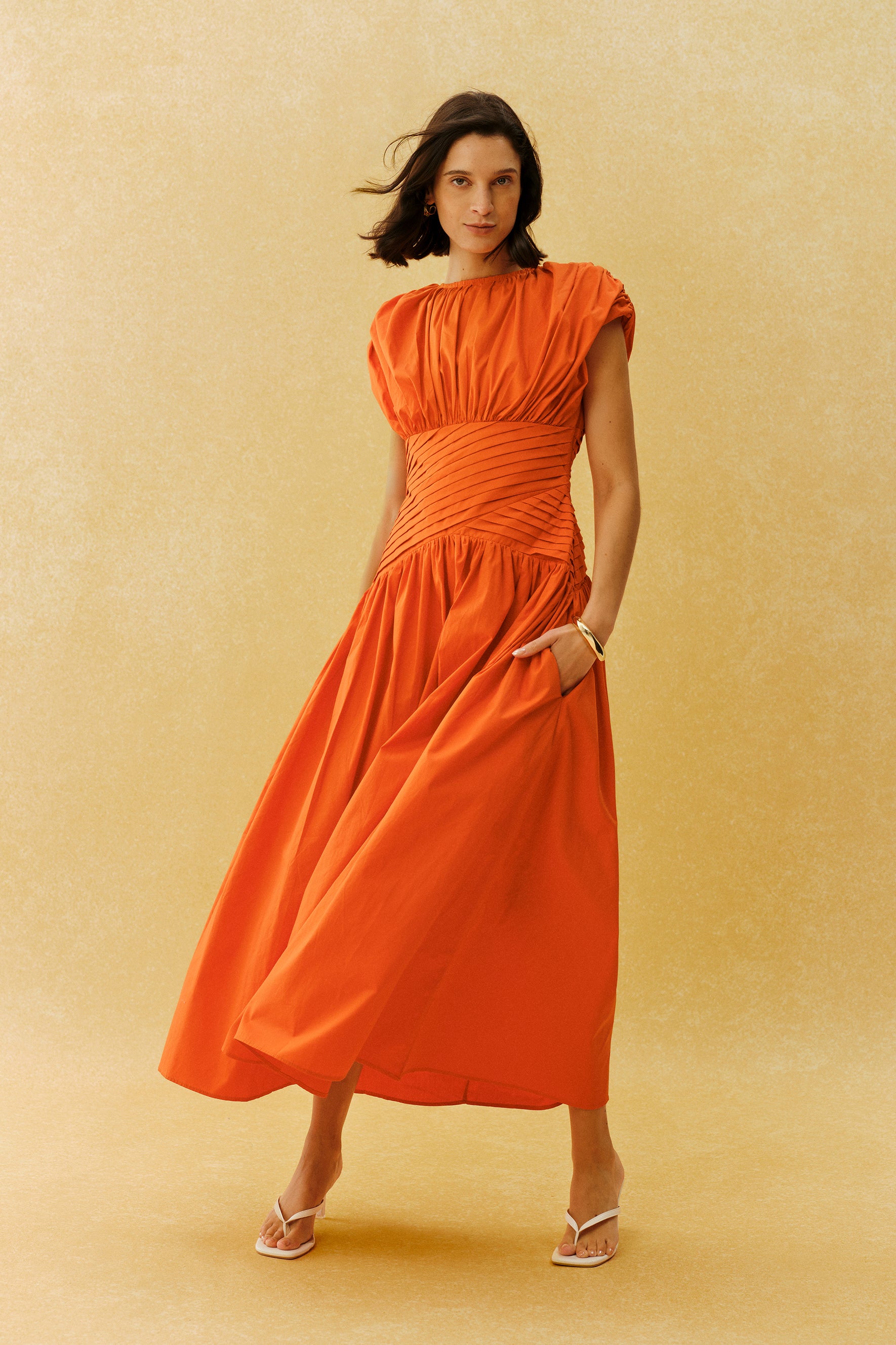 The Best Part Orange Ruched Cap Sleeve Maxi Dress