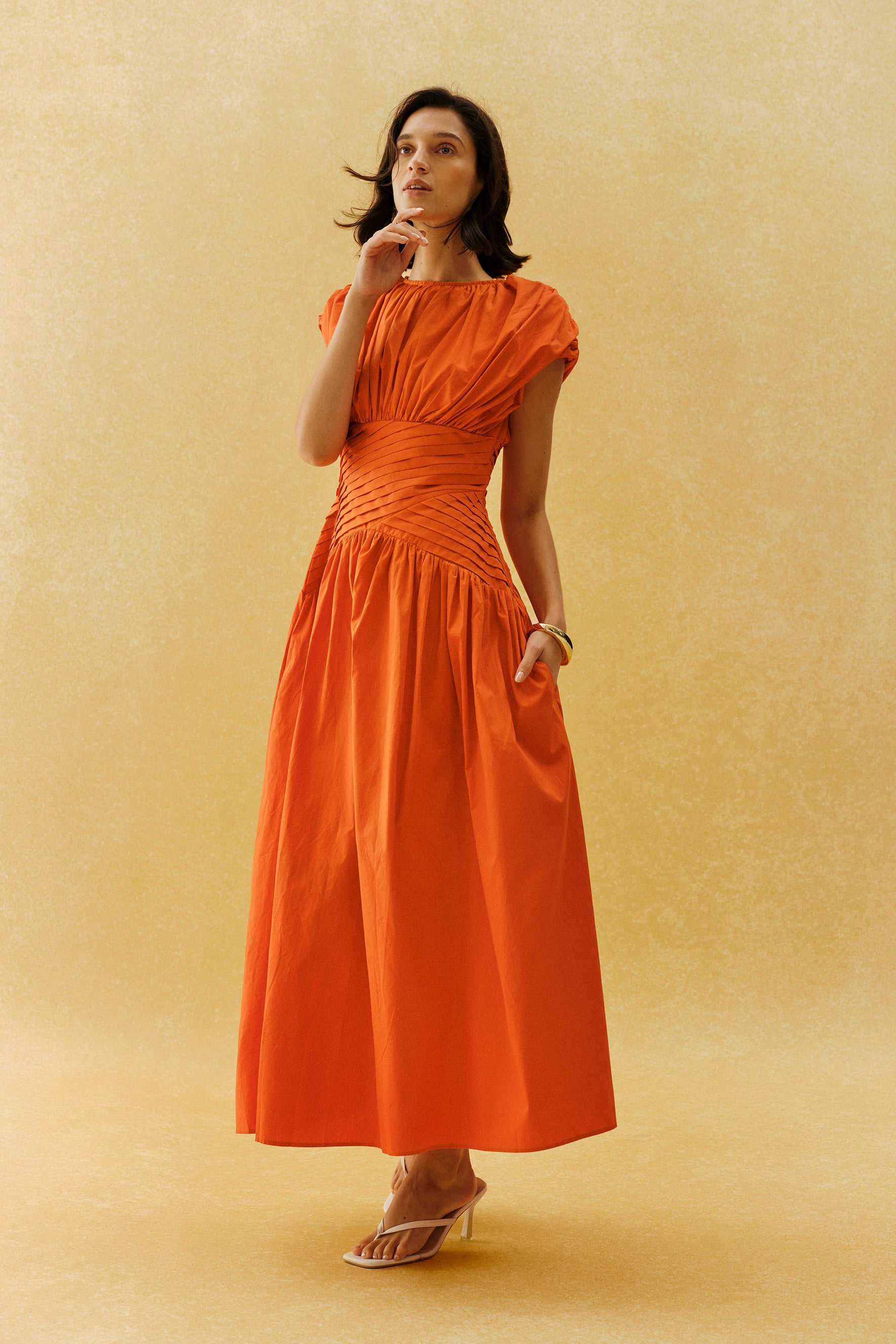 The Best Part Orange Ruched Cap Sleeve Maxi Dress