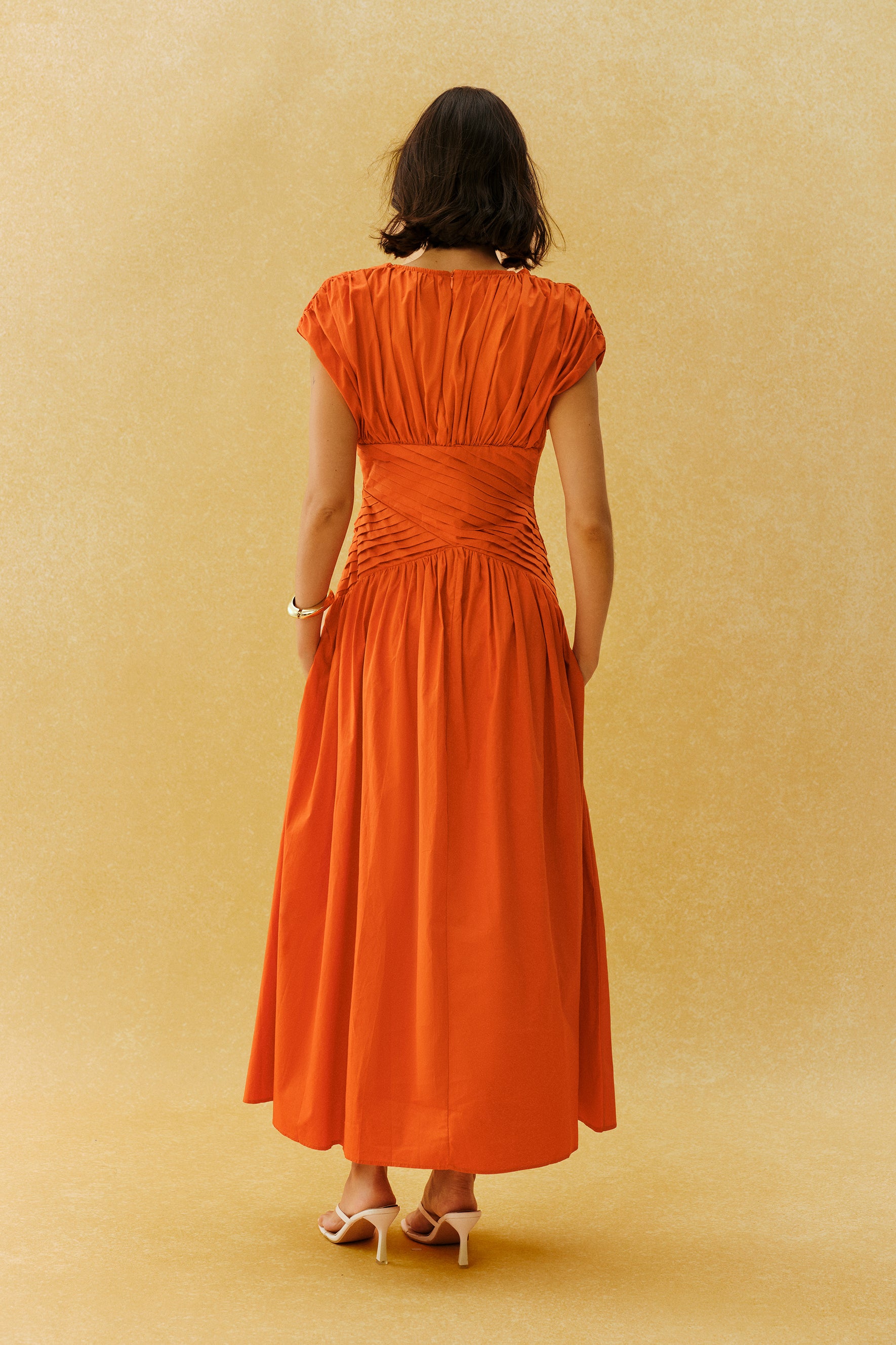 The Best Part Orange Ruched Cap Sleeve Maxi Dress