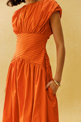 The Best Part Orange Ruched Cap Sleeve Maxi Dress