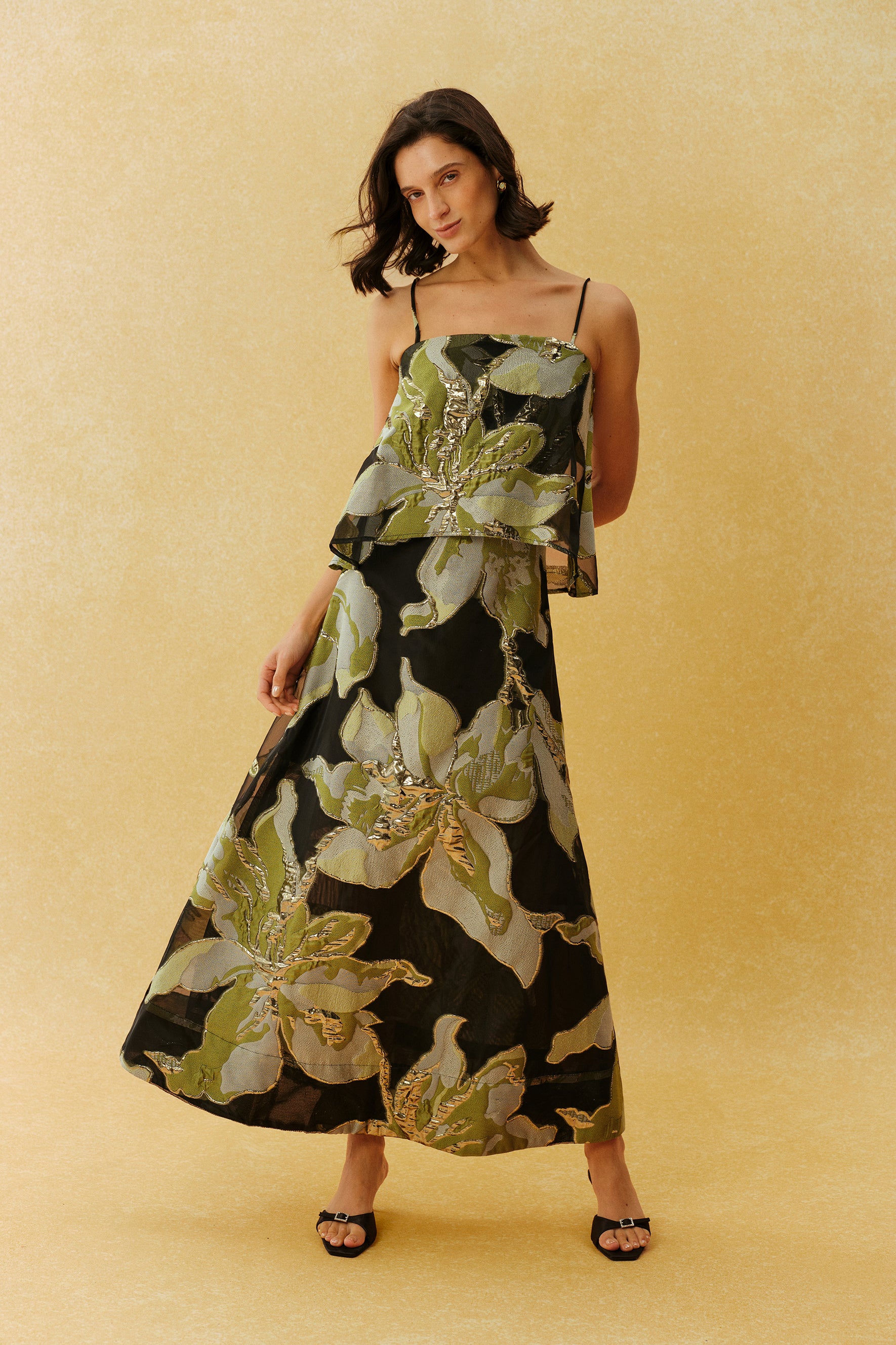 She Walked In Black Floral Spaghetti Strap Maxi Dress
