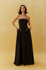 Final Look Black Pearl Embellished Halter Neck Maxi Dress