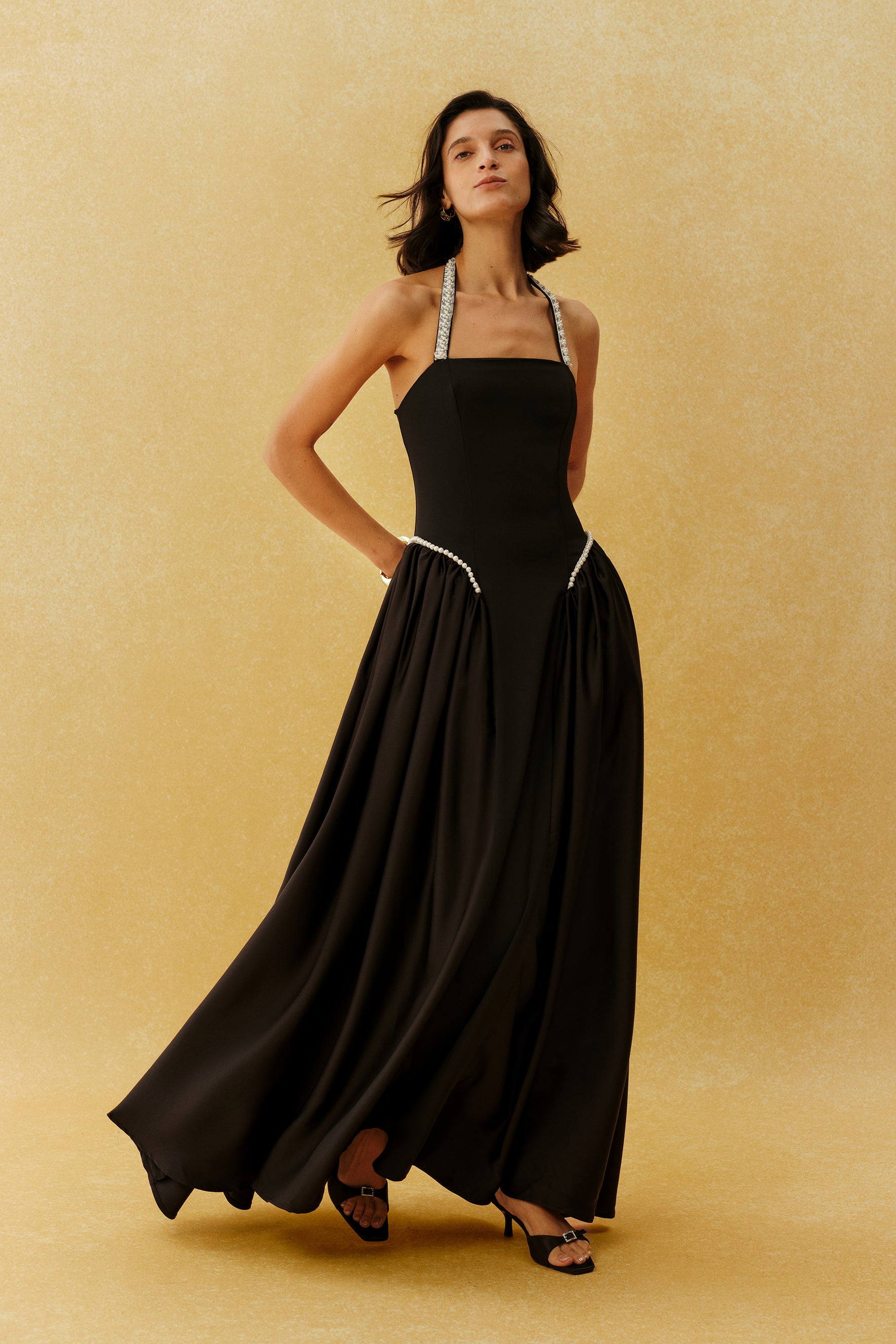 Final Look Black Pearl Embellished Halter Neck Maxi Dress
