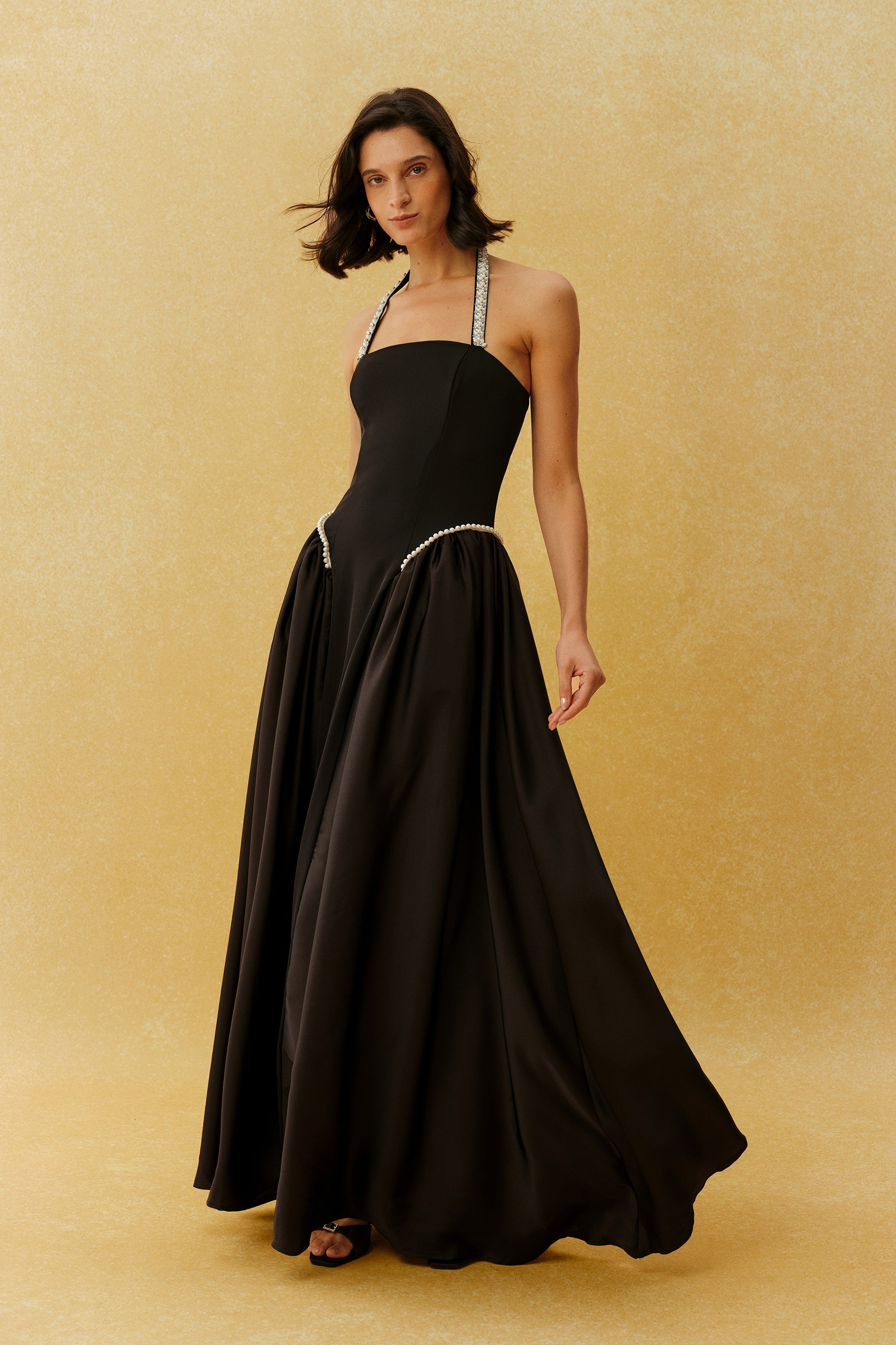 Final Look Black Pearl Embellished Halter Neck Maxi Dress