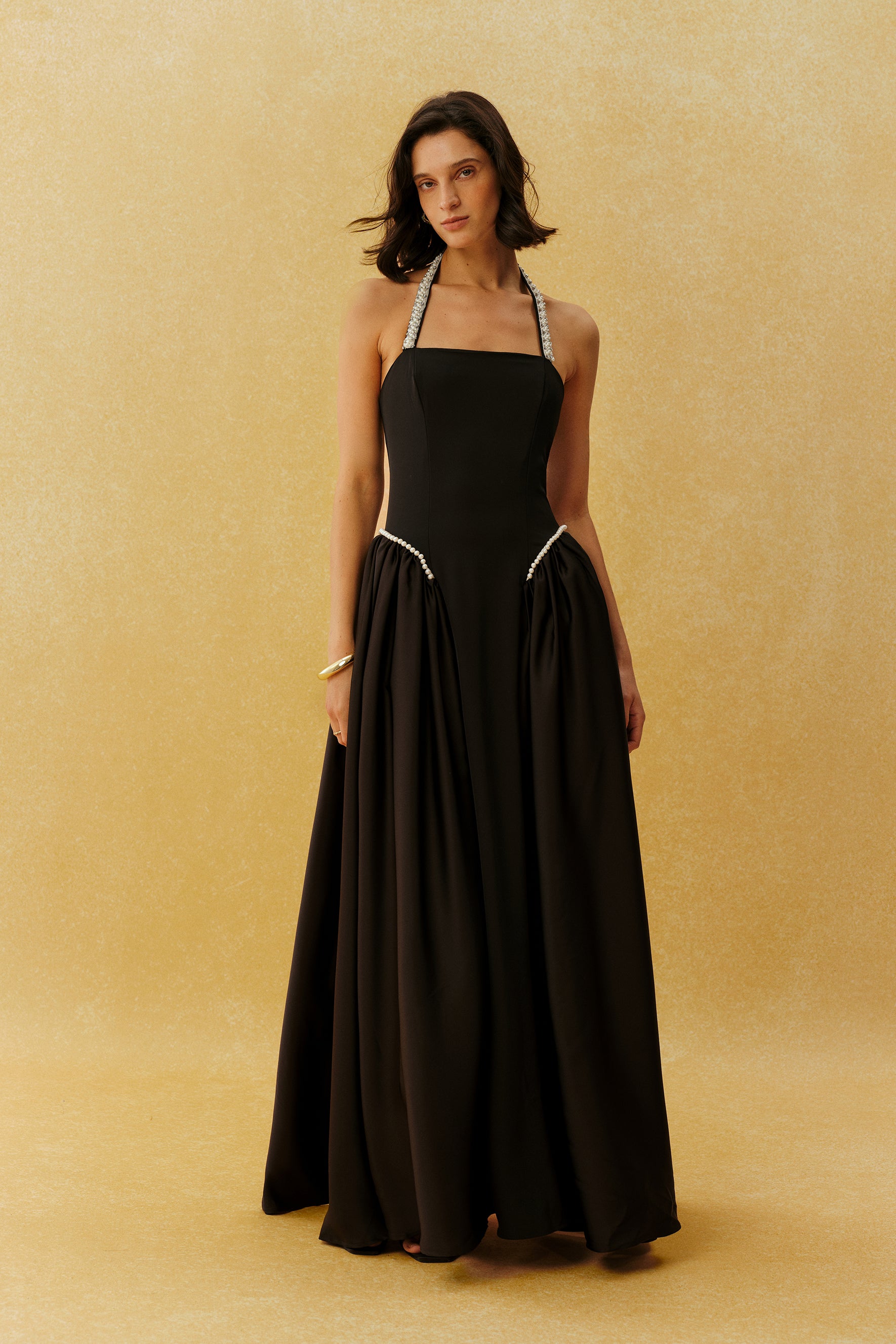 Final Look Black Pearl Embellished Halter Neck Maxi Dress