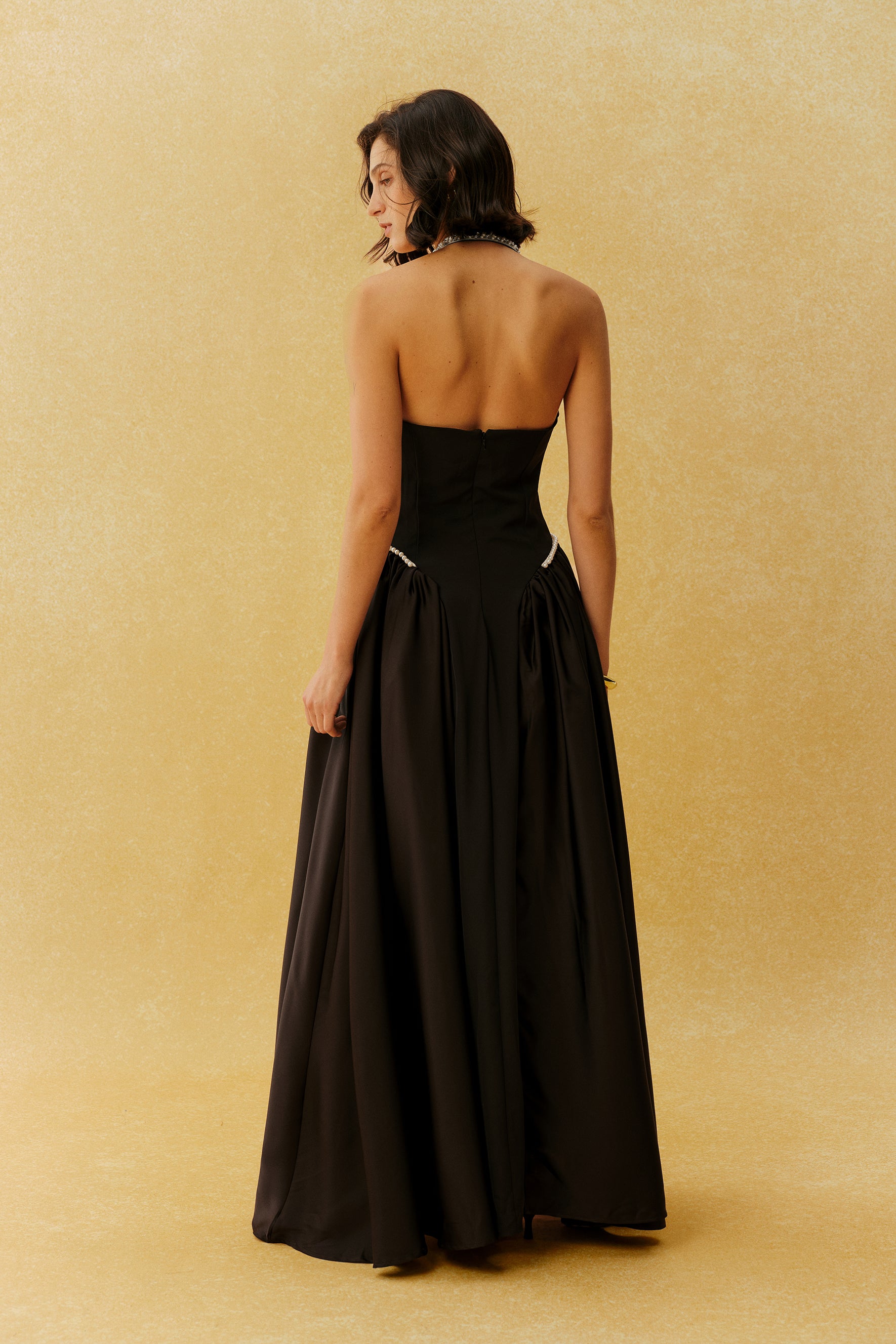 Final Look Black Pearl Embellished Halter Neck Maxi Dress