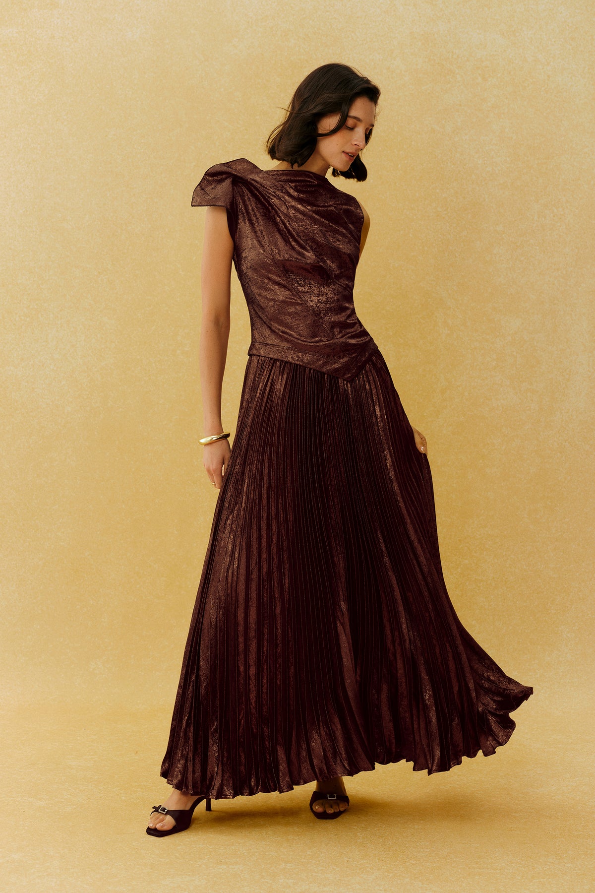 Cocktail Hour Brown Asymmetric Pleated Maxi Dress