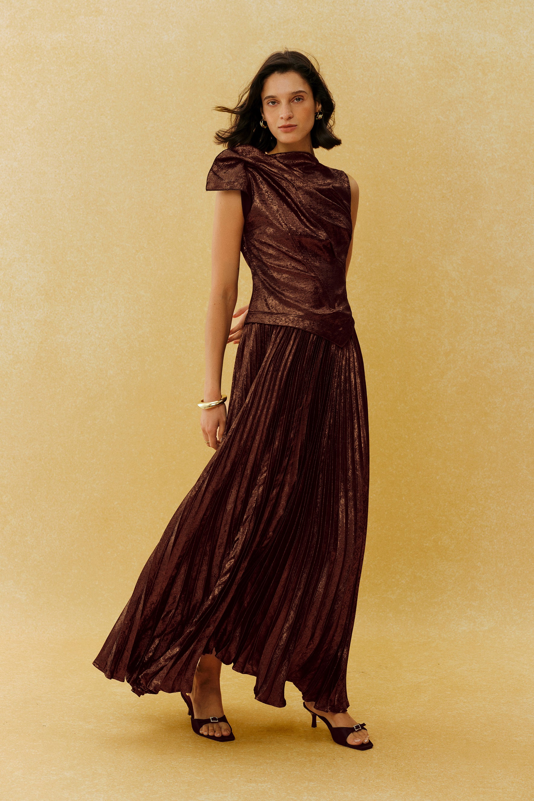 Cocktail Hour Brown Asymmetric Pleated Maxi Dress