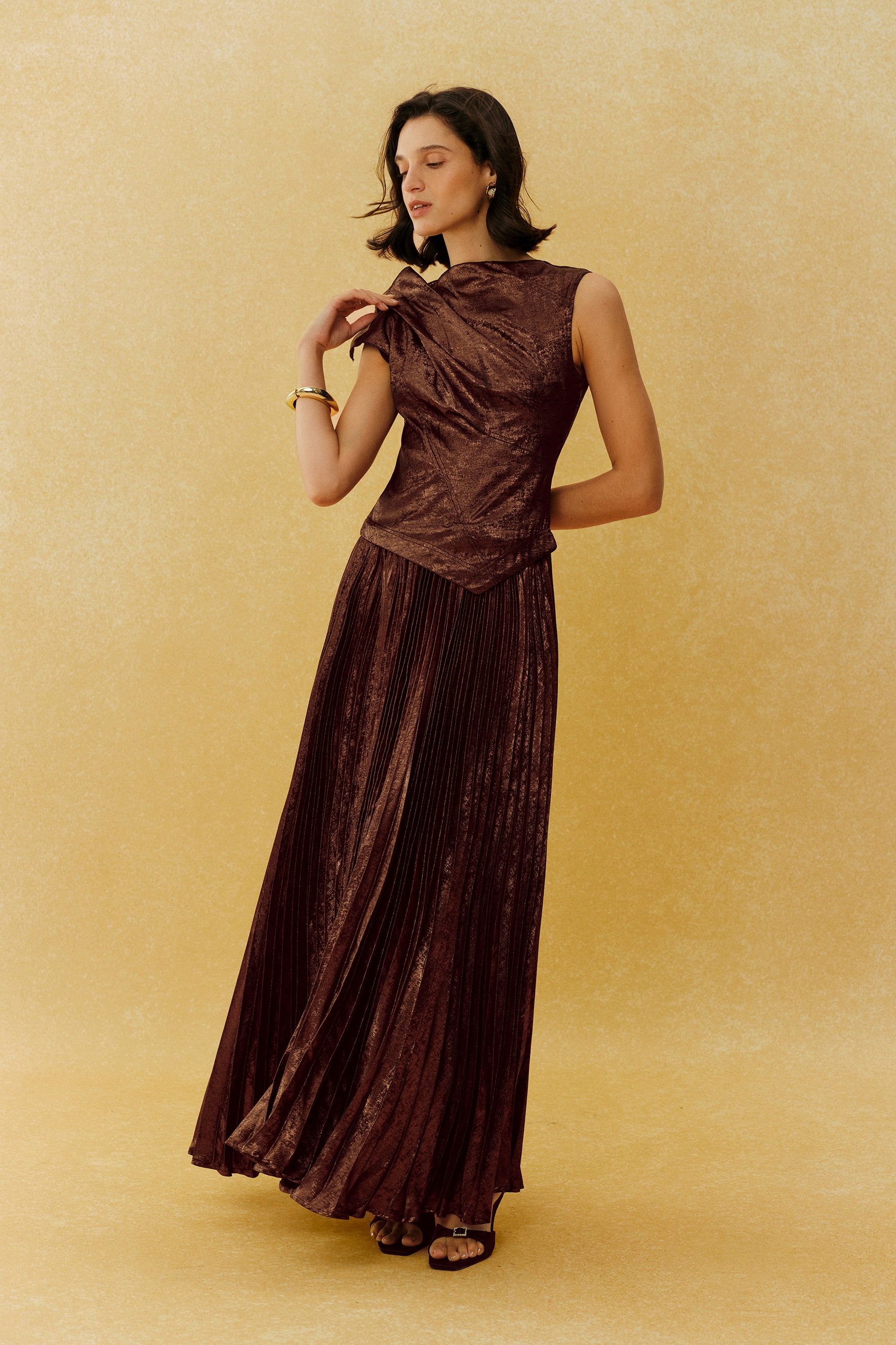 Cocktail Hour Brown Asymmetric Pleated Maxi Dress