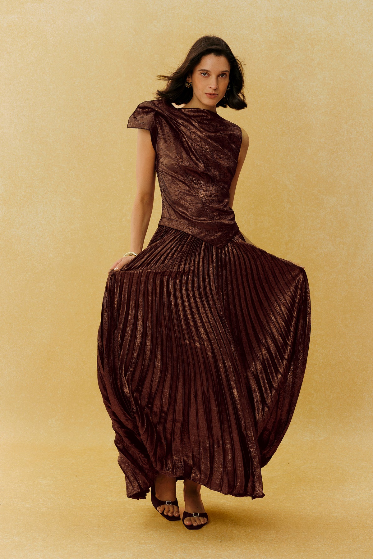 Cocktail Hour Brown Asymmetric Pleated Maxi Dress