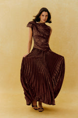 Cocktail Hour Brown Asymmetric Pleated Maxi Dress