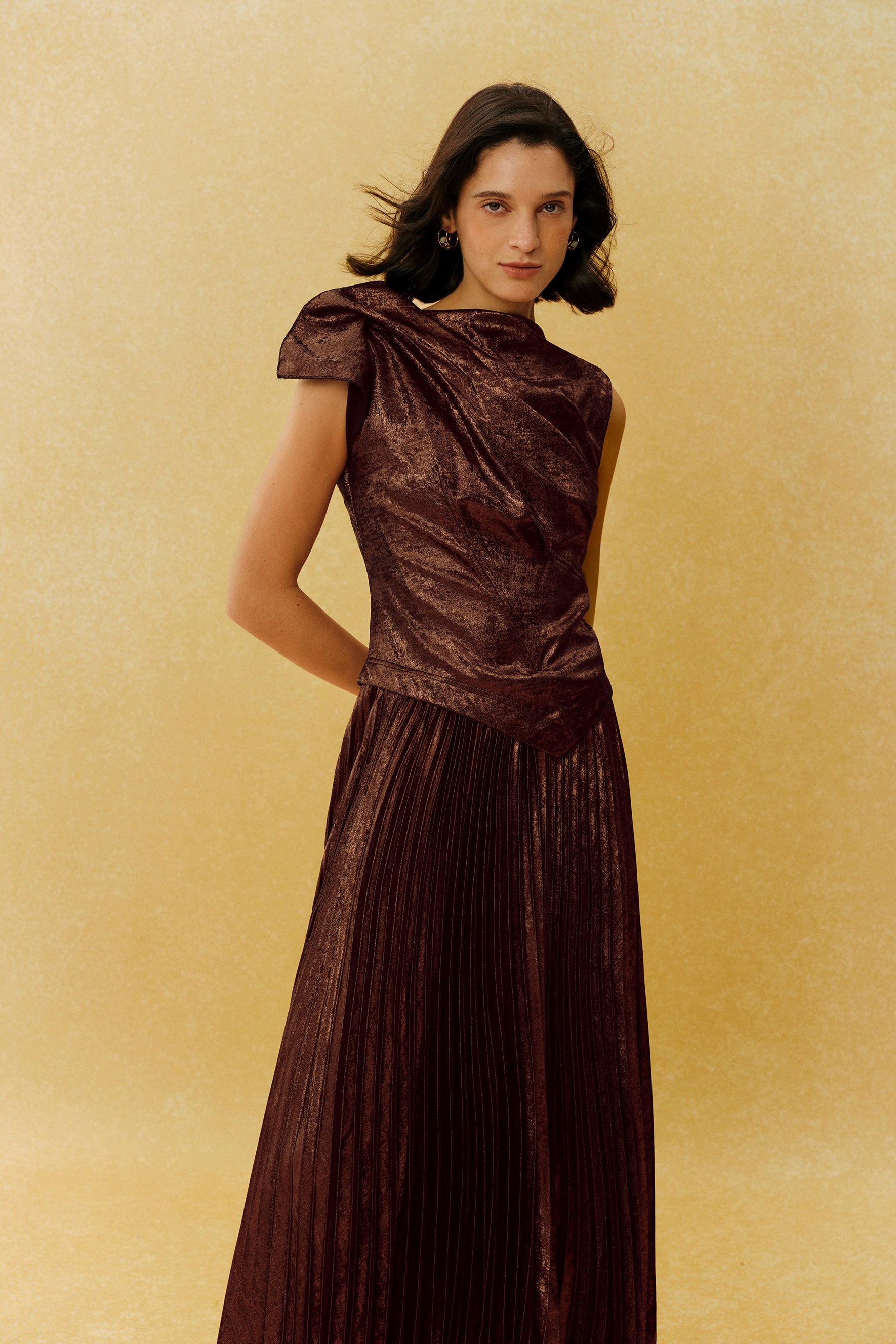Cocktail Hour Brown Asymmetric Pleated Maxi Dress