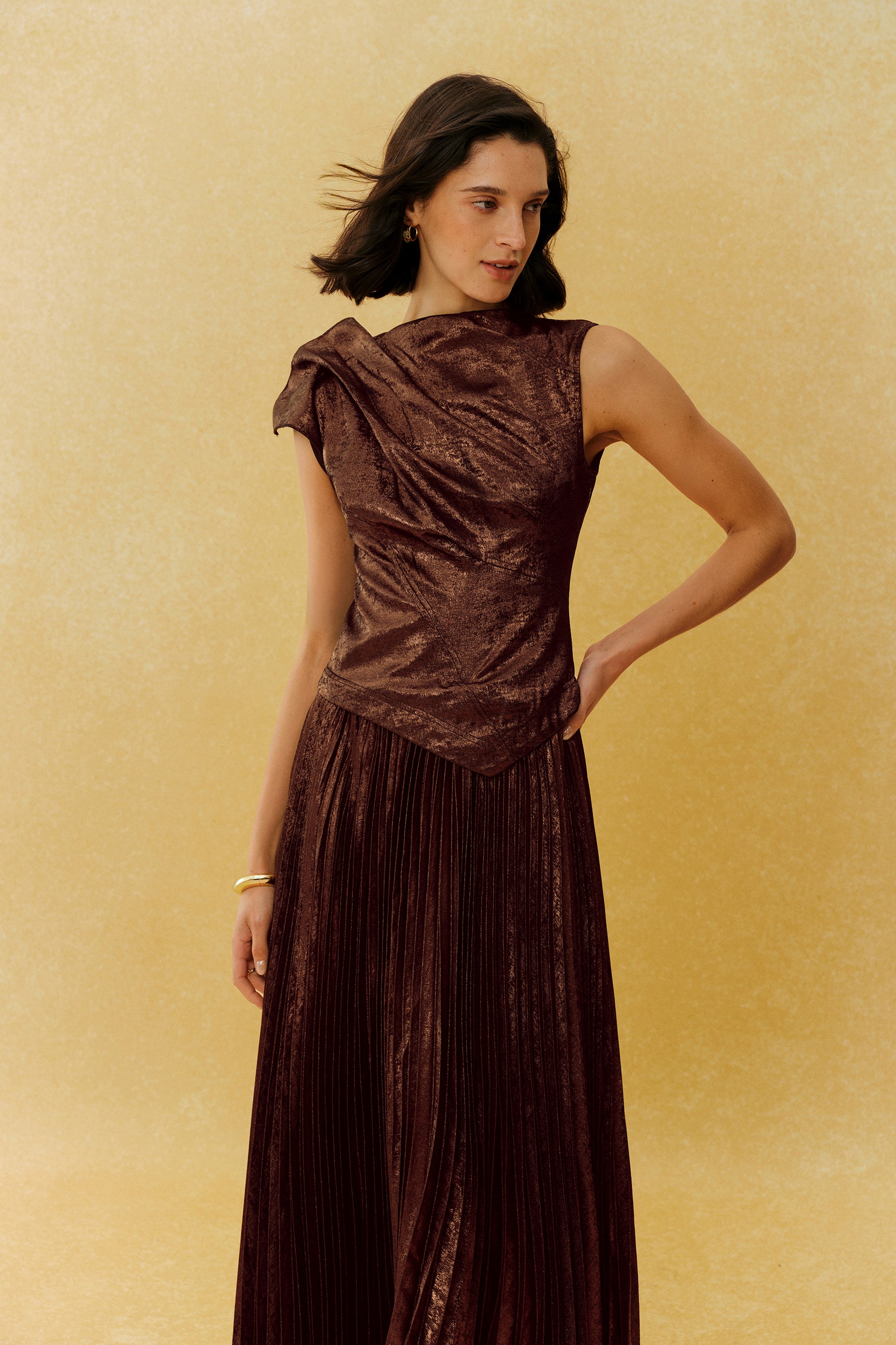 Cocktail Hour Brown Asymmetric Pleated Maxi Dress