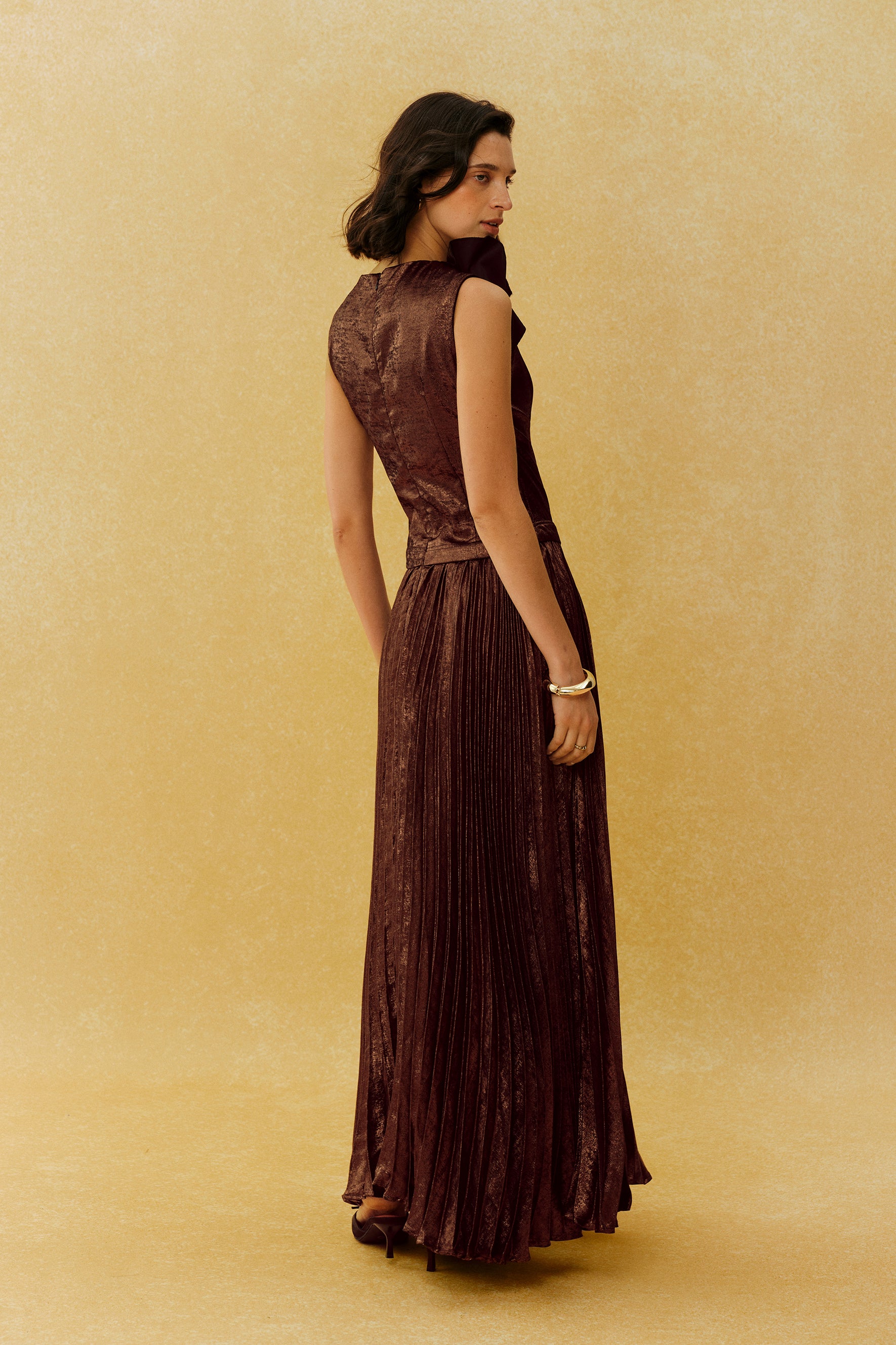 Cocktail Hour Brown Asymmetric Pleated Maxi Dress