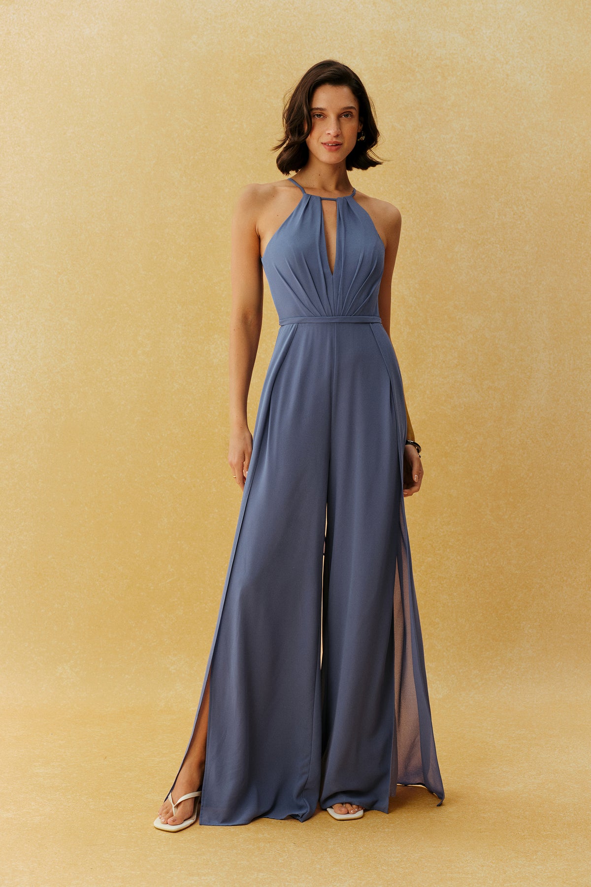 Daily Look Blue Halter Neck Wide Leg Slit Jumpsuit