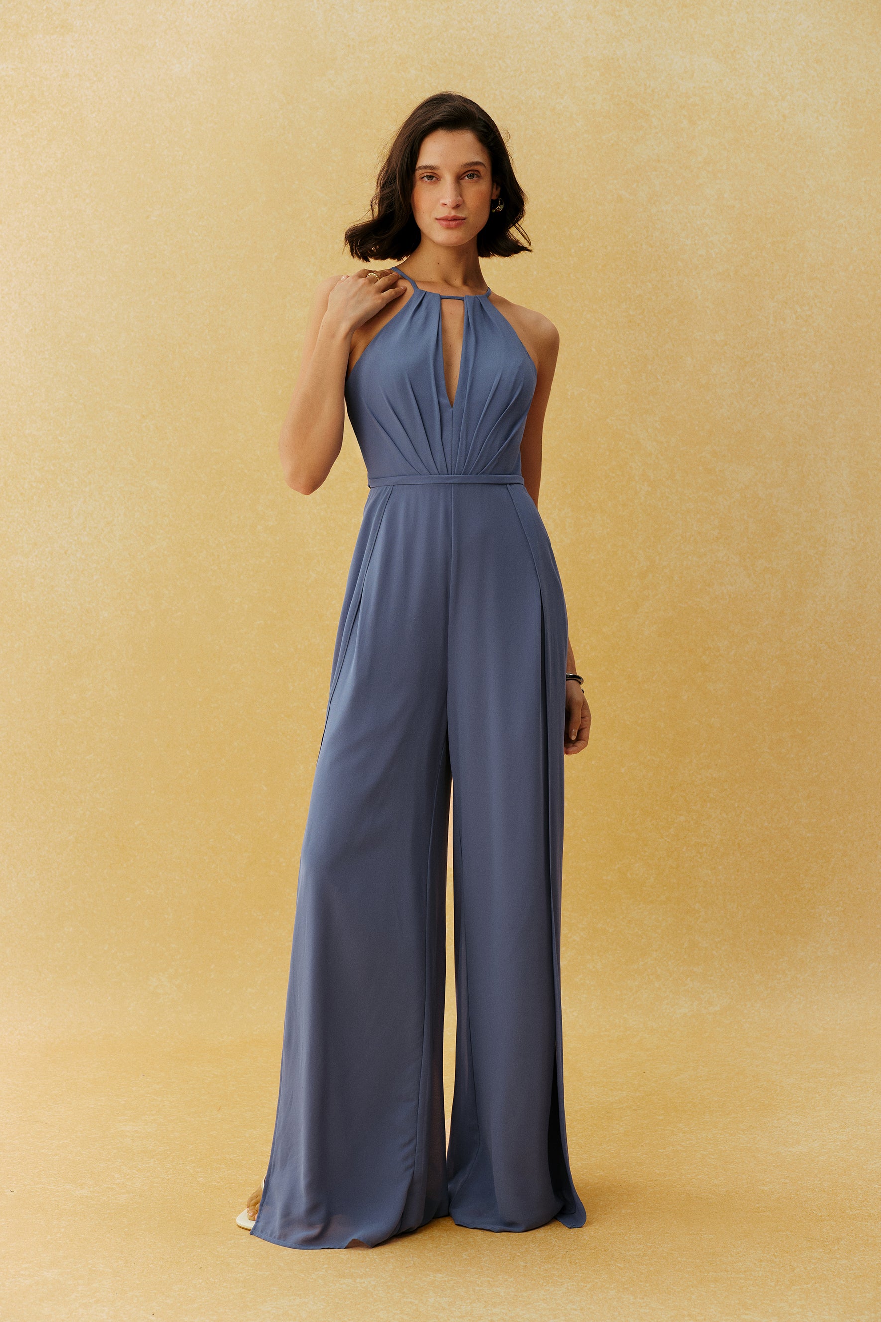 Daily Look Blue Halter Neck Wide Leg Slit Jumpsuit