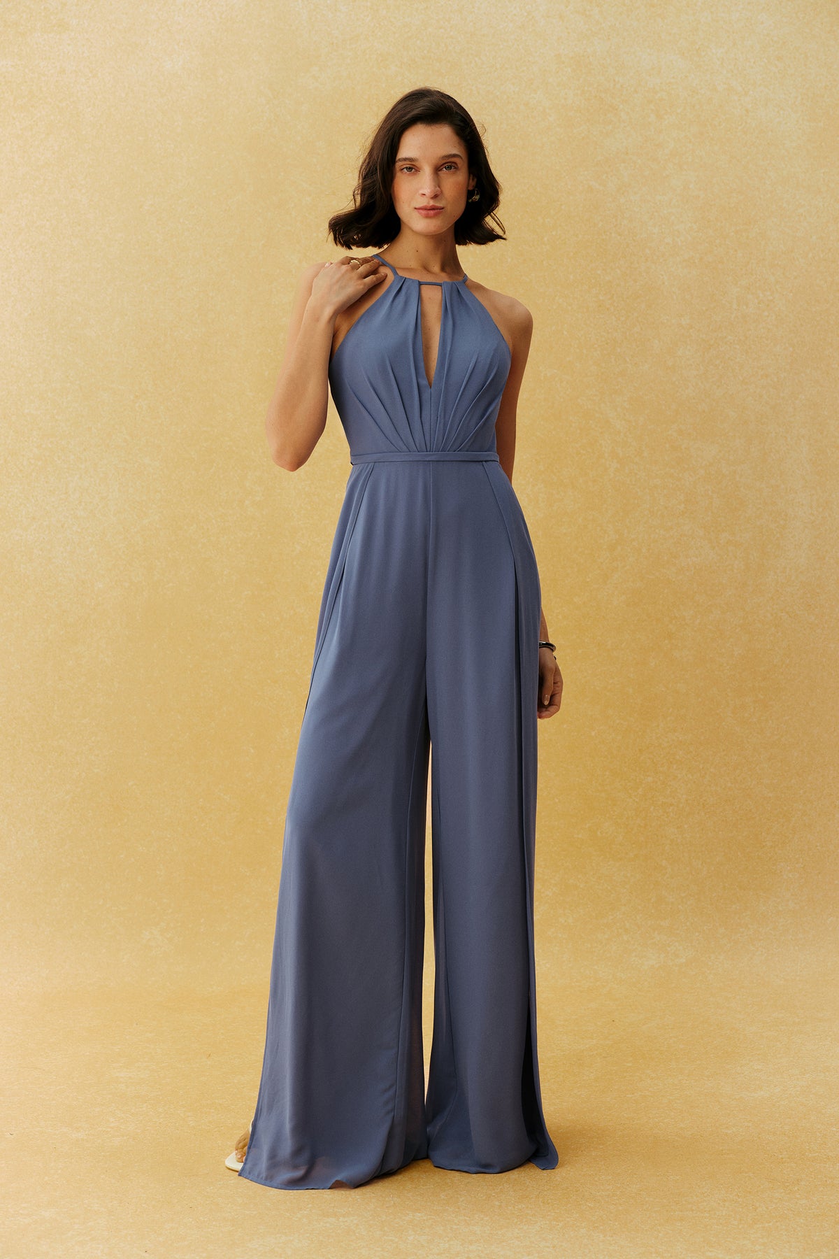 Daily Look Blue Halter Neck Wide Leg Slit Jumpsuit