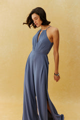 Daily Look Blue Halter Neck Wide Leg Slit Jumpsuit