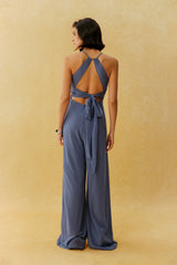 Daily Look Blue Halter Neck Wide Leg Slit Jumpsuit