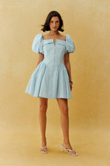Keep It Sweet Blue Puff Sleeve Notch Neck Mini Dress