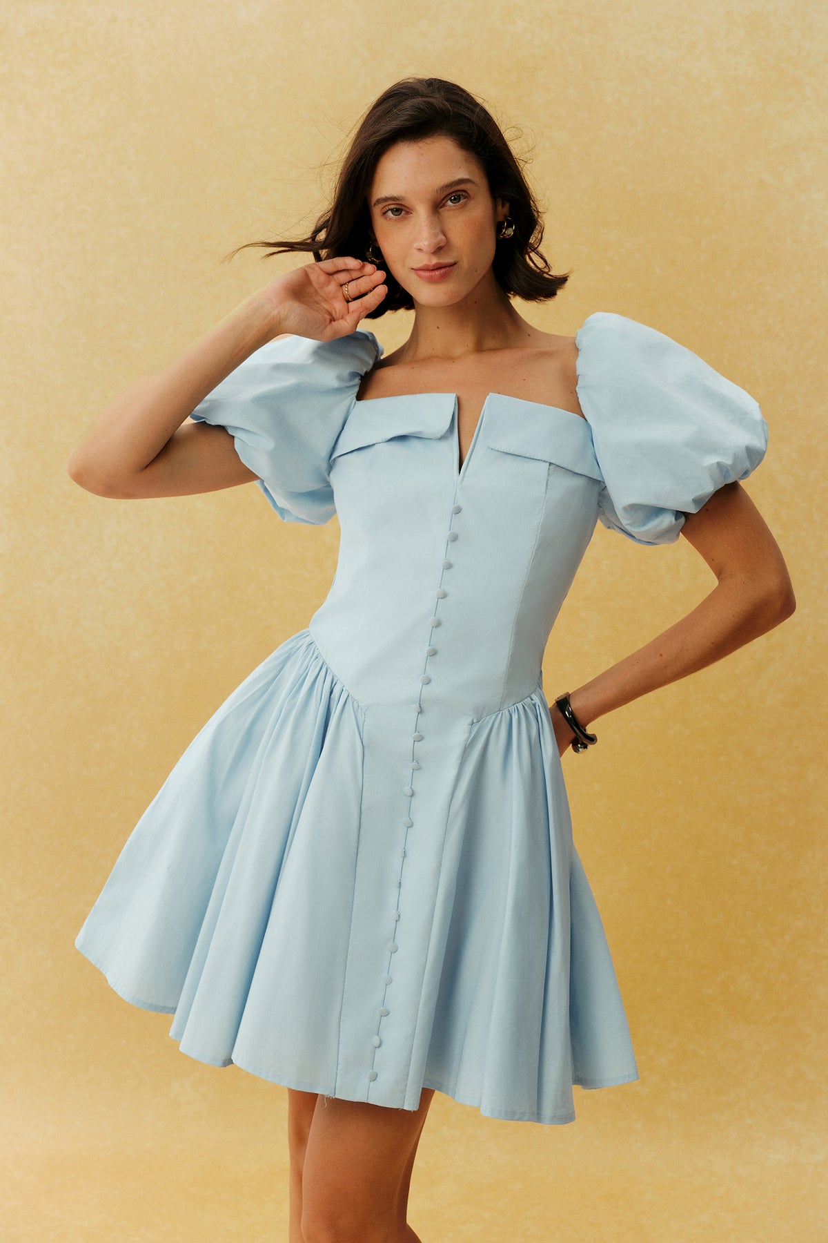Keep It Sweet Blue Puff Sleeve Notch Neck Mini Dress