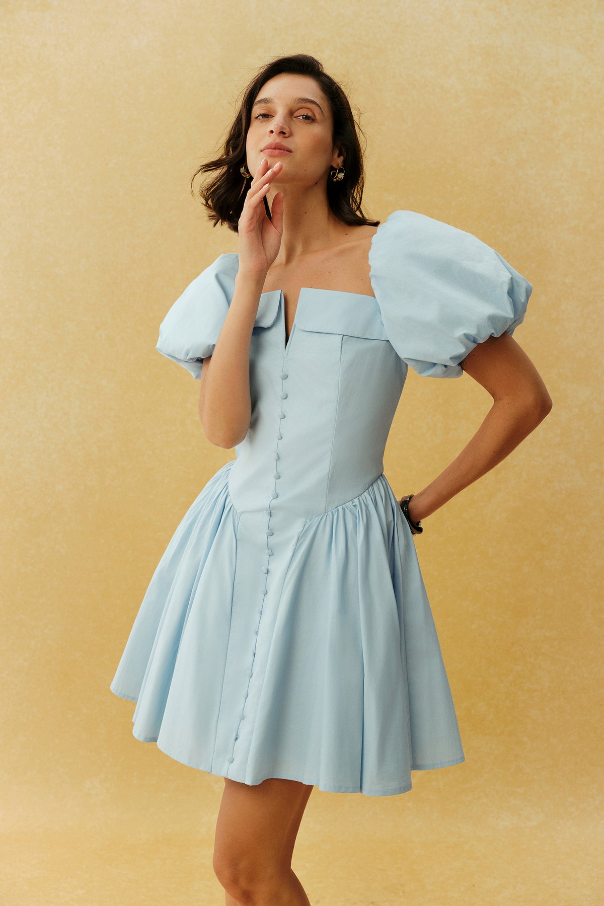 Keep It Sweet Blue Puff Sleeve Notch Neck Mini Dress
