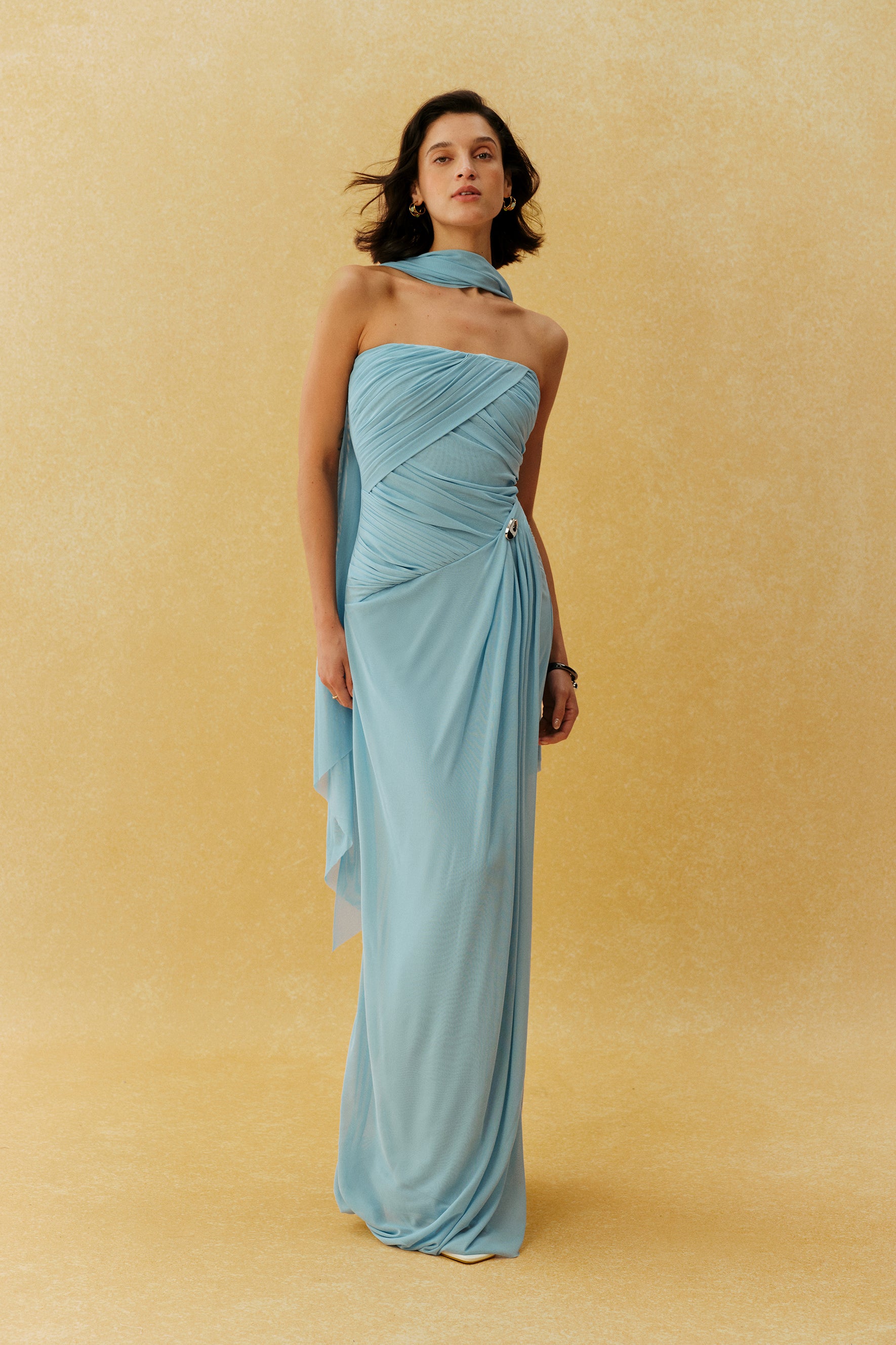 The Show Begins Blue Strapless Ruched Maxi Dress With Scarf