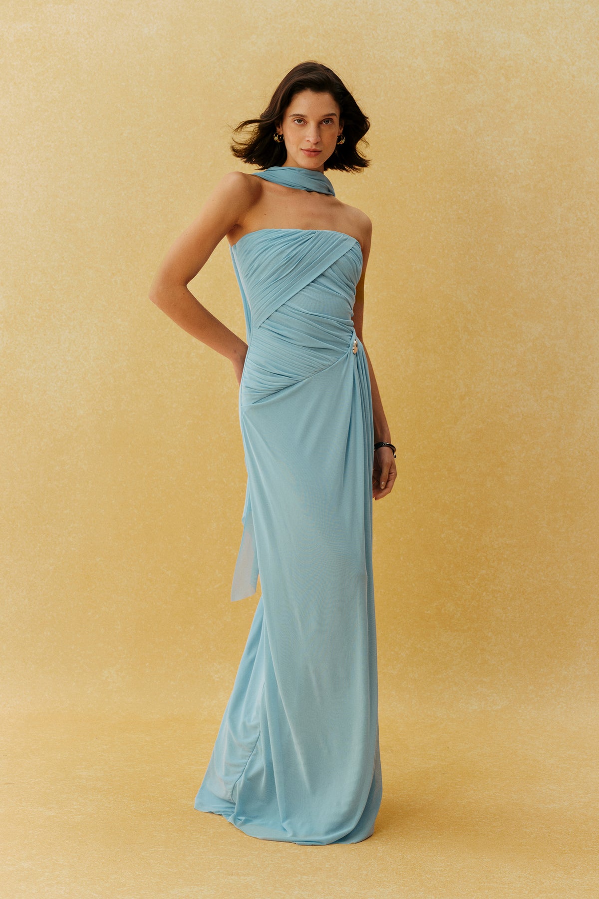 The Show Begins Blue Strapless Ruched Maxi Dress With Scarf