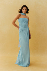 The Show Begins Blue Strapless Ruched Maxi Dress With Scarf