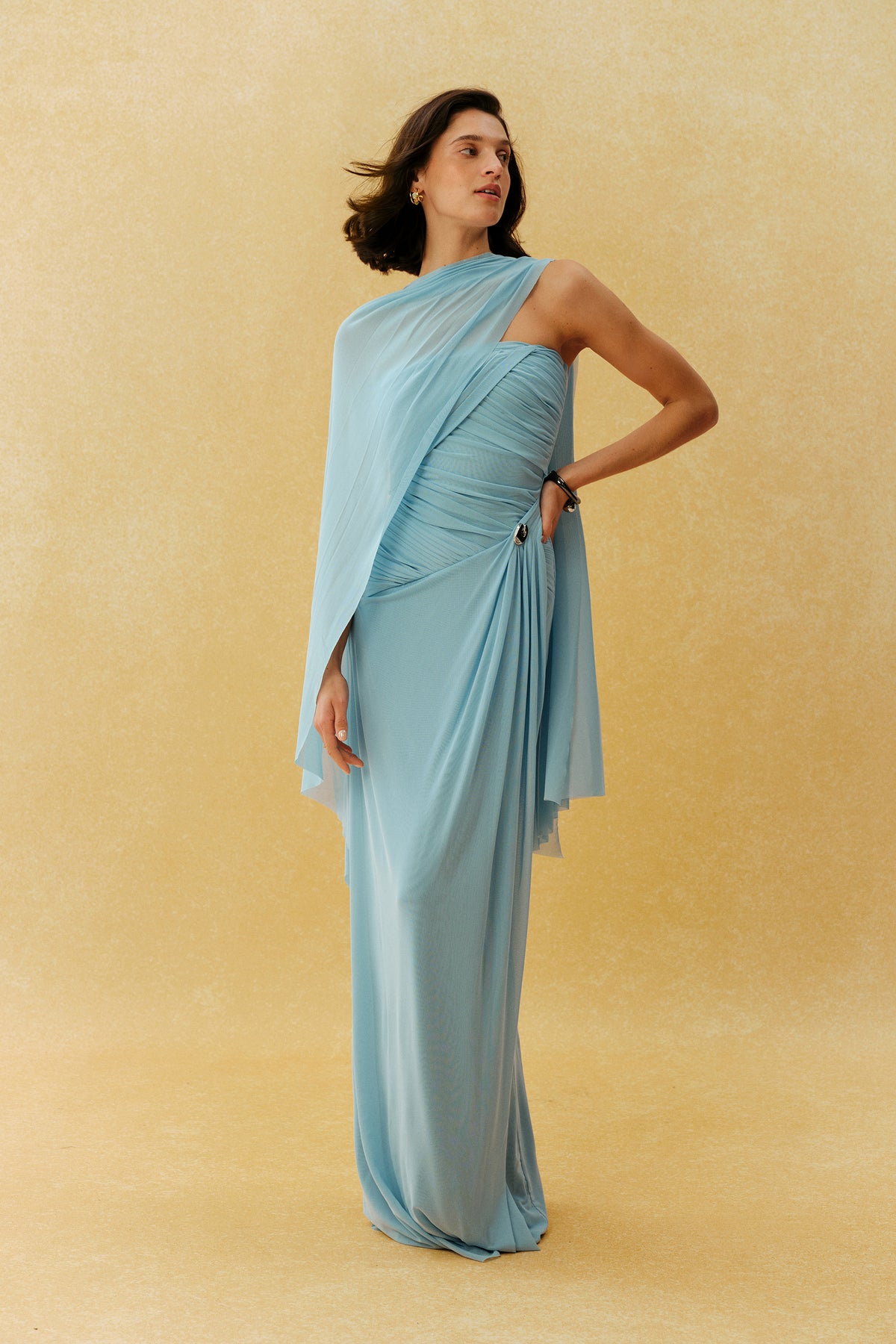 The Show Begins Blue Strapless Ruched Maxi Dress With Scarf