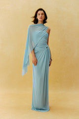 The Show Begins Blue Strapless Ruched Maxi Dress With Scarf