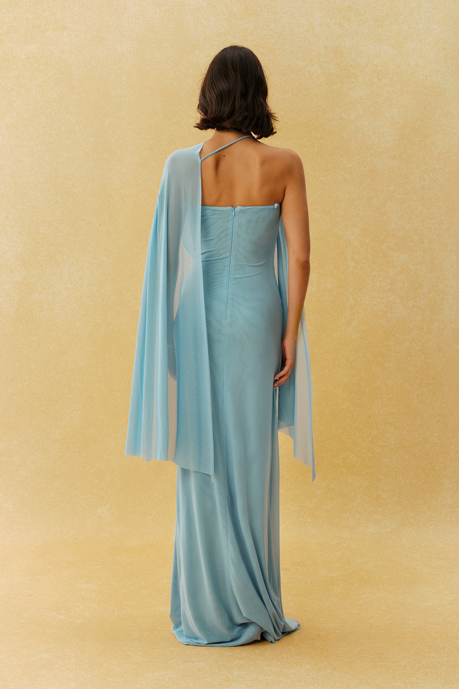The Show Begins Blue Strapless Ruched Maxi Dress With Scarf