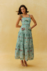 Catch My Smile Aqua Blue Floral Print Tiered Maxi Dress