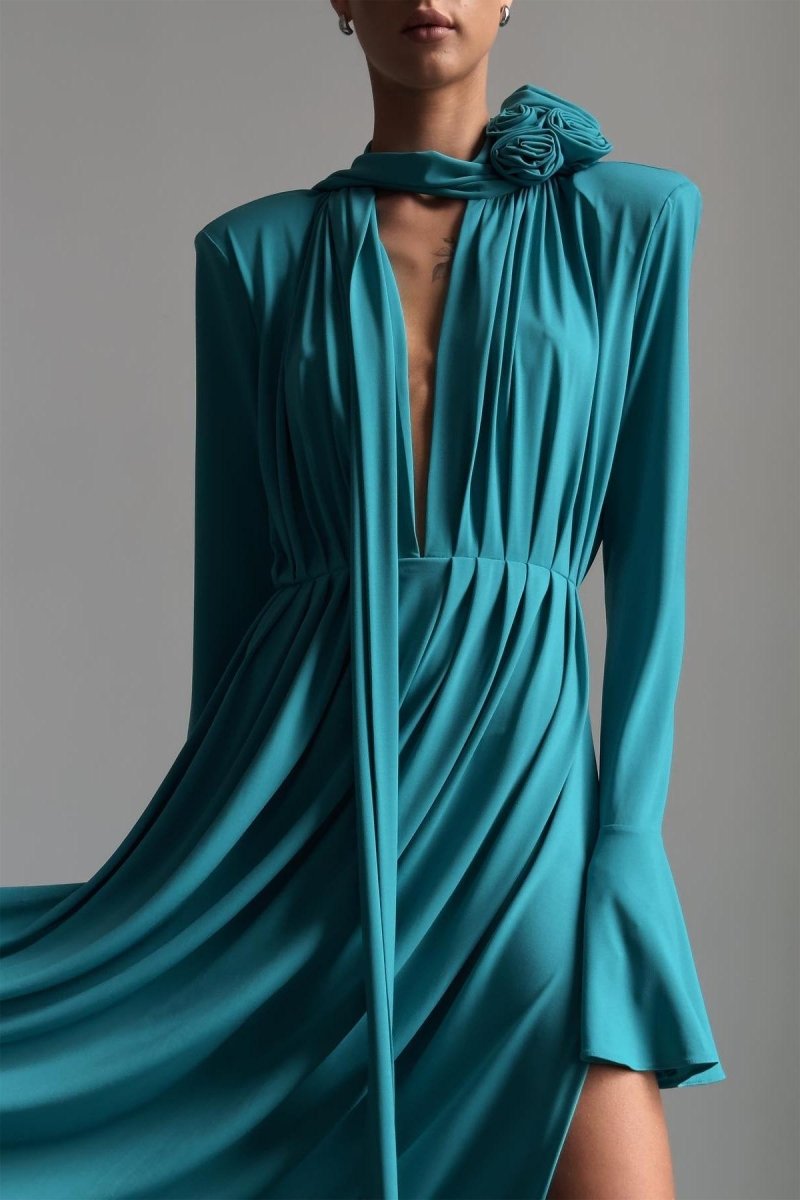 Yedda Flower Trimmed V-Neckline Pleated Slit Maxi Dress