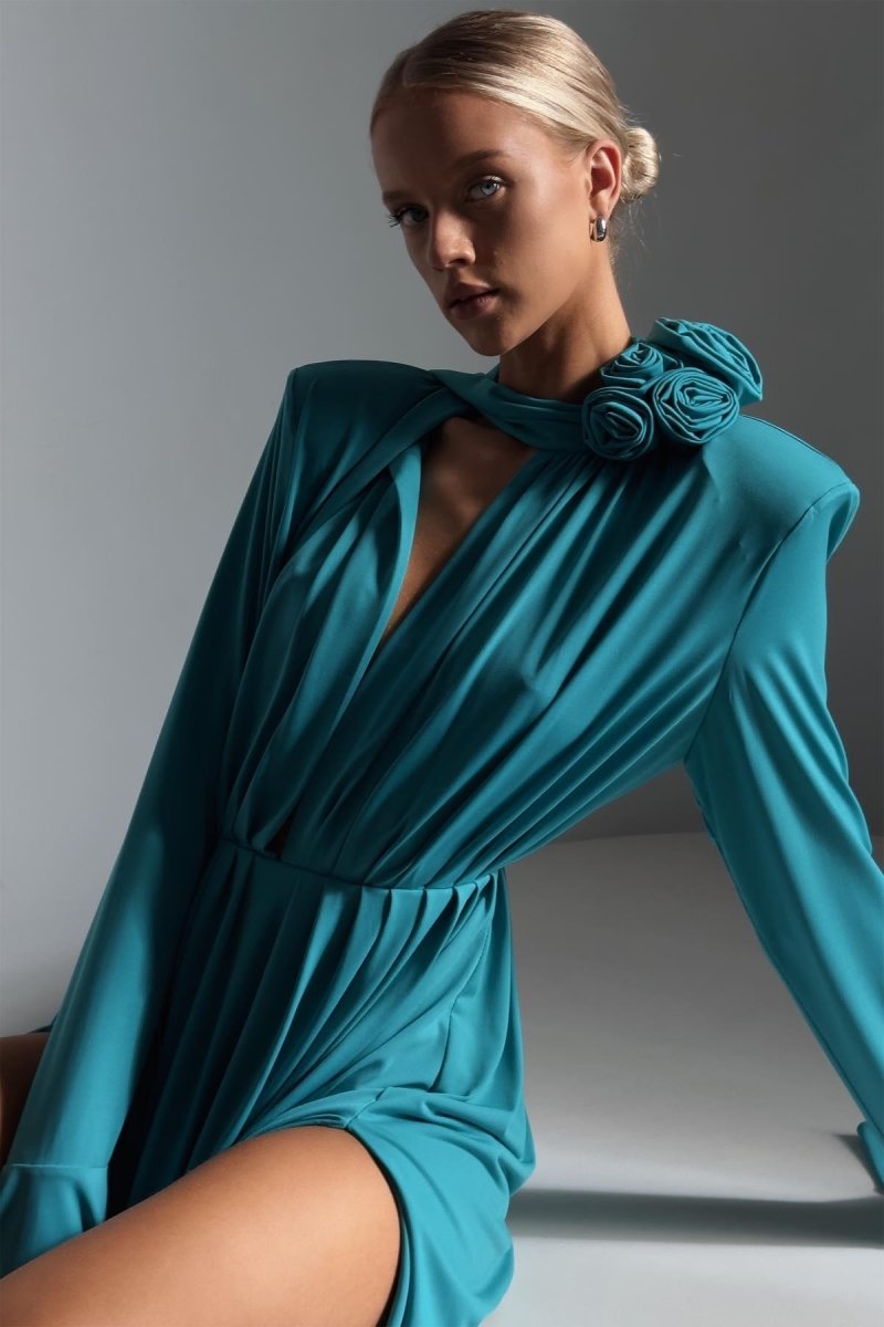 Yedda Flower Trimmed V-Neckline Pleated Slit Maxi Dress