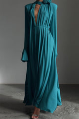Yedda Flower Trimmed V-Neckline Pleated Slit Maxi Dress
