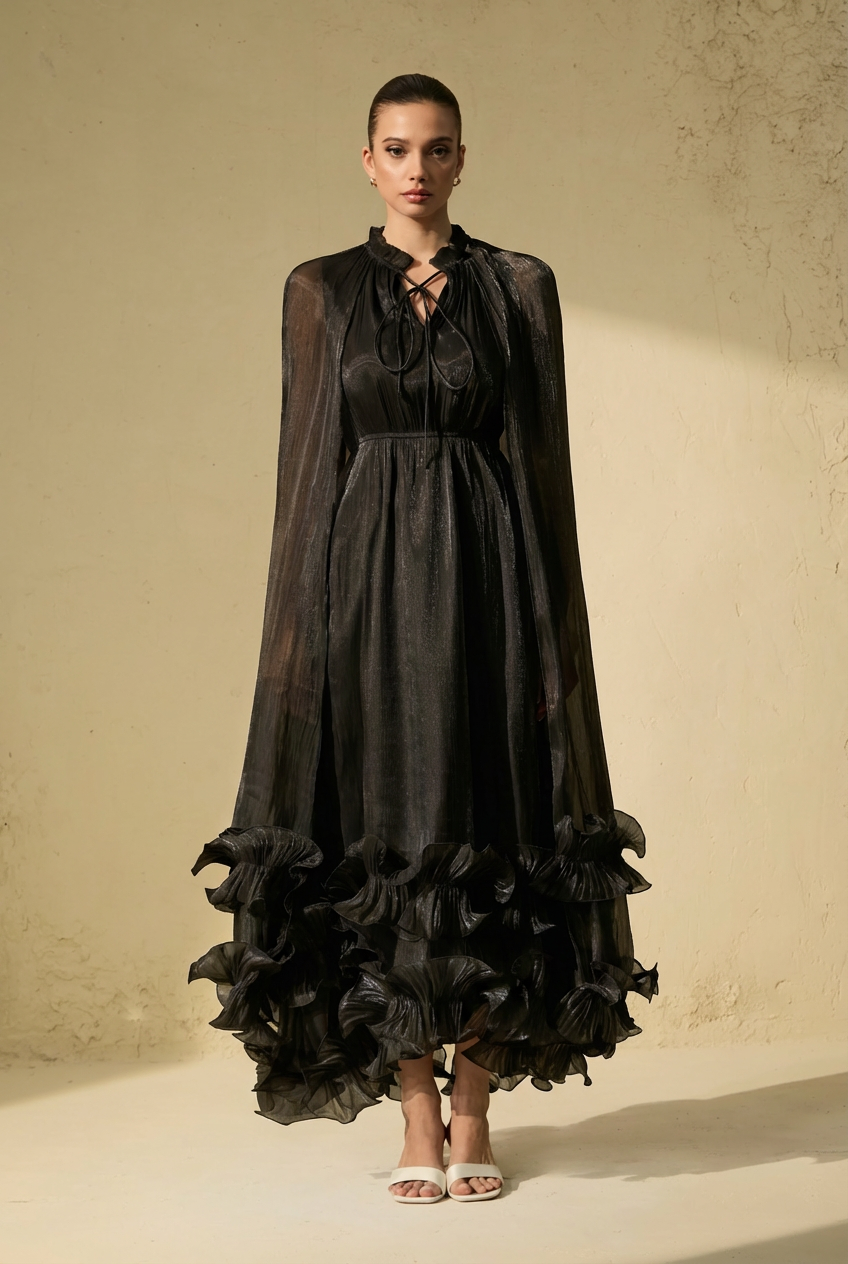 Shirley Black Cape-effect Ruffled Midi Dress